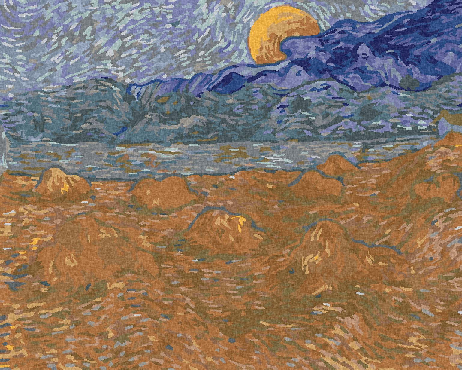 zuty Malování podle čísel - KRAJINA S PŠENIČNÝMI SNOPY A VYCHÁZEJÍCÍM MĚSÍCEM (VINCENT VAN GOGH) - Rozměr: 40x50 cm, Rámování: Varianta: vypnuté plátno na rám - obrázek 1