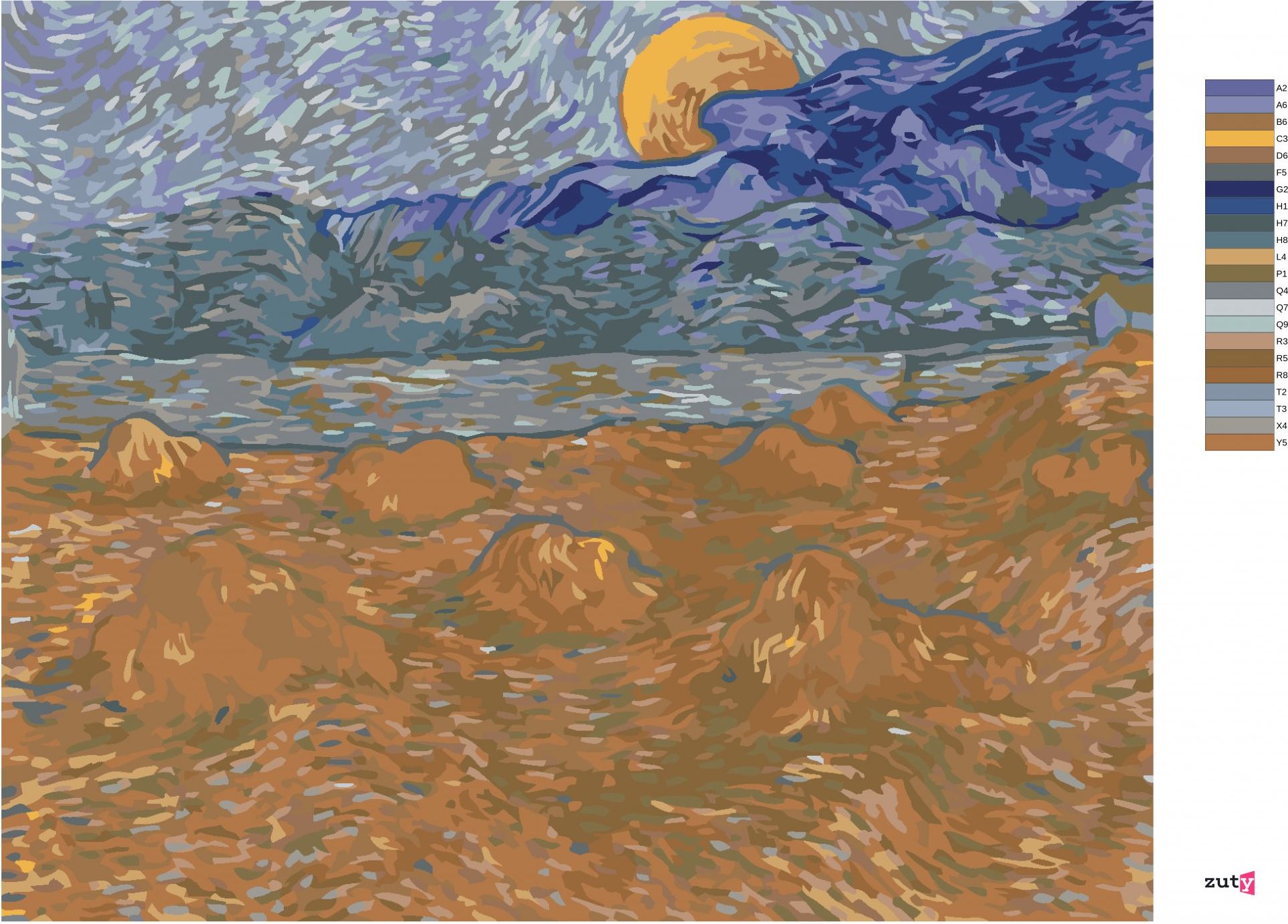 zuty Malování podle čísel - KRAJINA S PŠENIČNÝMI SNOPY A VYCHÁZEJÍCÍM MĚSÍCEM (VINCENT VAN GOGH) - Rozměr: 40x50 cm, Rámování: Varianta: vypnuté plátno na rám - obrázek 3
