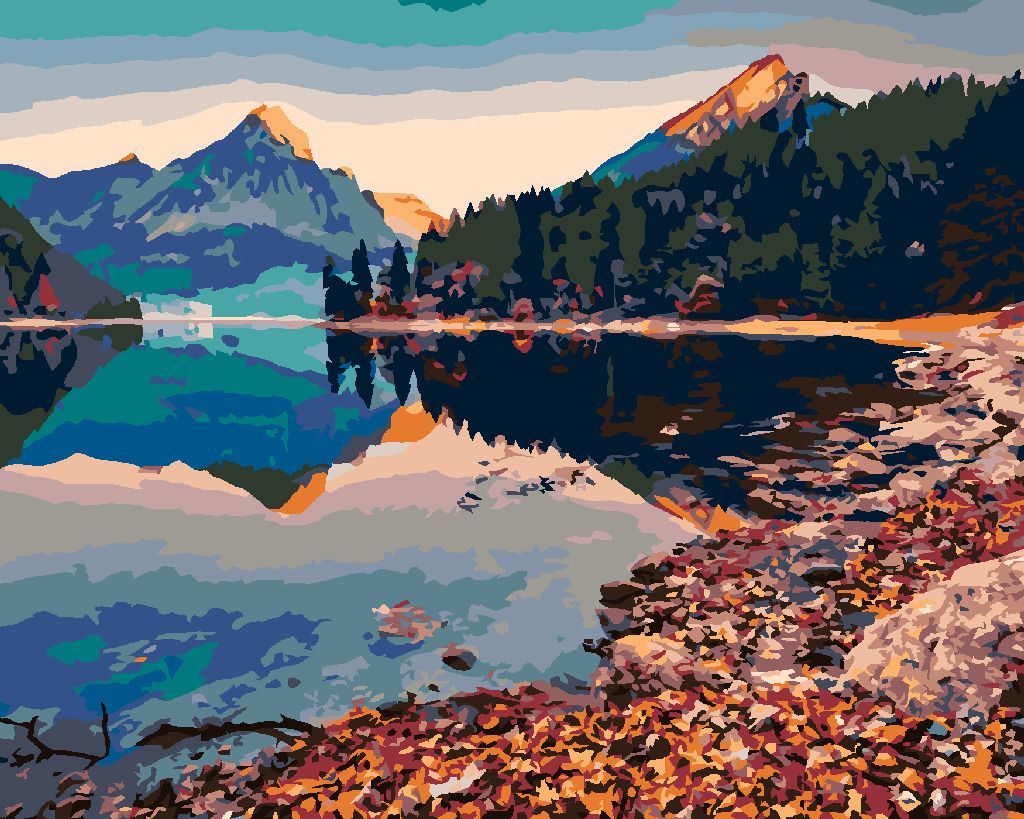 zuty Malování podle čísel - DVA VRCHOLY HOR ODRÁŽEJÍCÍ SE V JEZERU - Rozměr: 40x50 cm, Rámování: Varianta: vypnuté plátno na rám - obrázek 2