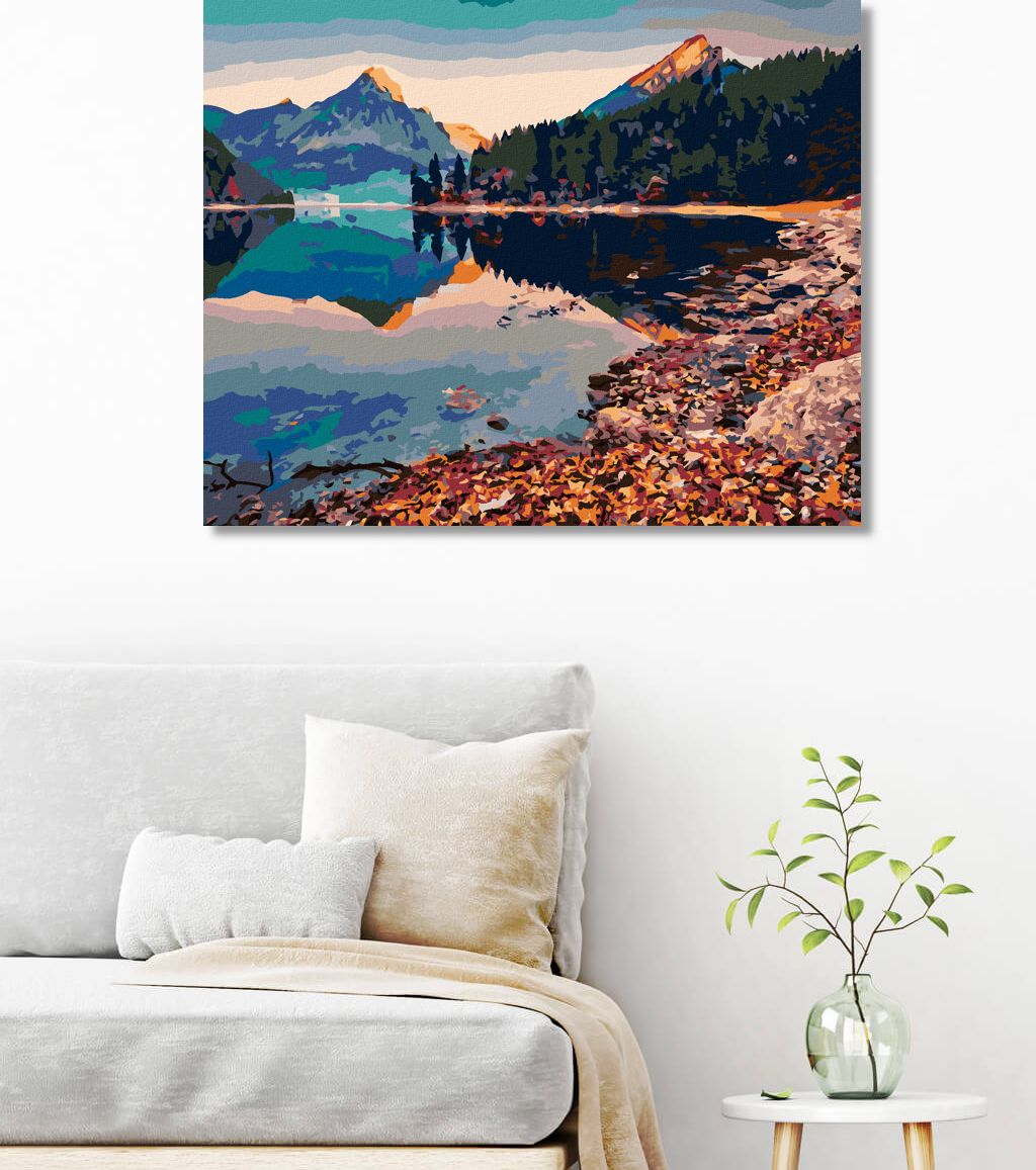 zuty Malování podle čísel - DVA VRCHOLY HOR ODRÁŽEJÍCÍ SE V JEZERU - Rozměr: 40x50 cm, Rámování: Varianta: vypnuté plátno na rám - obrázek 5