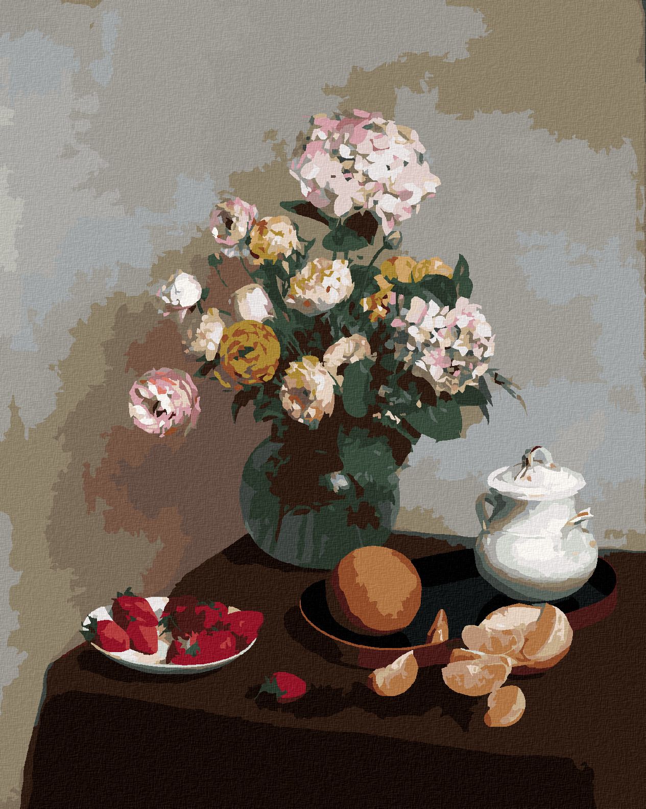 zuty Malování podle čísel - KVĚTINY A OVOCE (HENRI FANTIN-LATOUR) - Rozměr: 40x50 cm, Rámování: Varianta: bez rámu a bez vypnutí plátna - obrázek 1