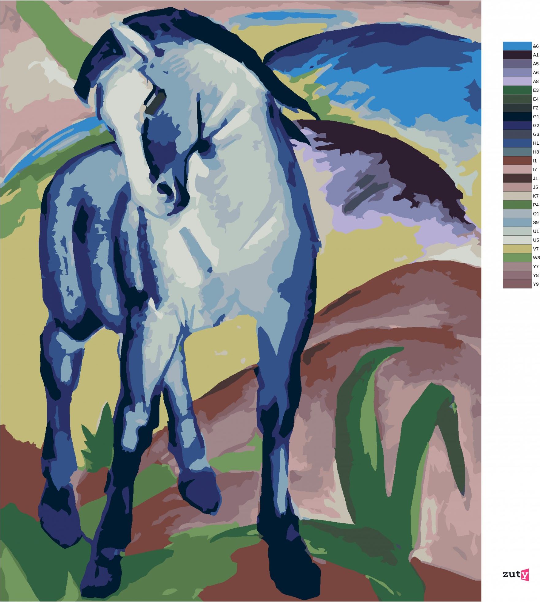 zuty Malování podle čísel - MODRÝ KŮŇ (FRANZ MARC) - Rozměr: 40x50 cm, Rámování: Varianta: bez rámu a bez vypnutí plátna - obrázek 6