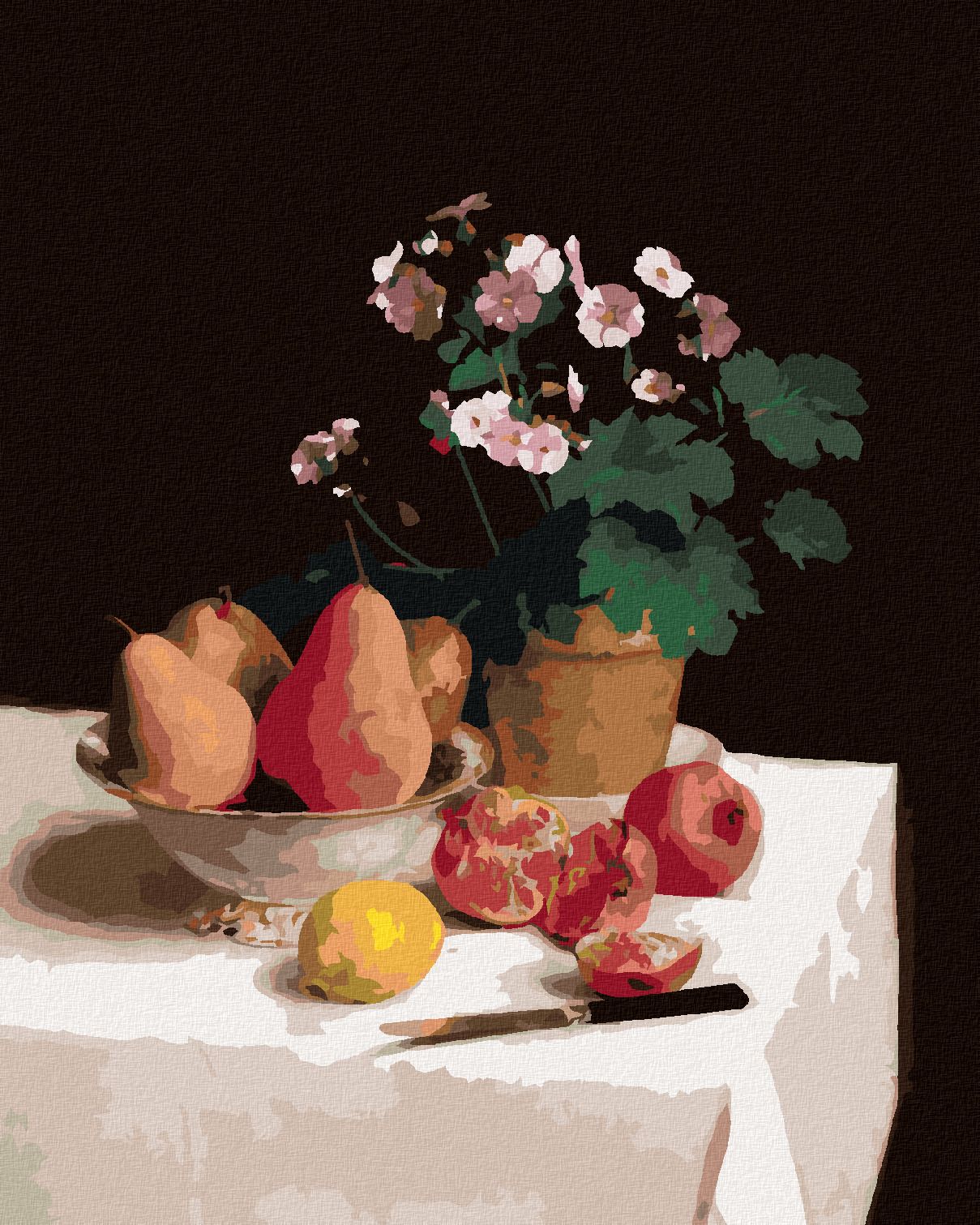 zuty Malování podle čísel - ZÁTIŠÍ, PRIMULE, HRUŠKY A GRANÁTOVÁ JABLKA (HENRI FANTIN-LATOUR) - Rozměr: 40x50 cm, Rámování: Varianta: bez rámu a bez vypnutí plátna - obrázek 1