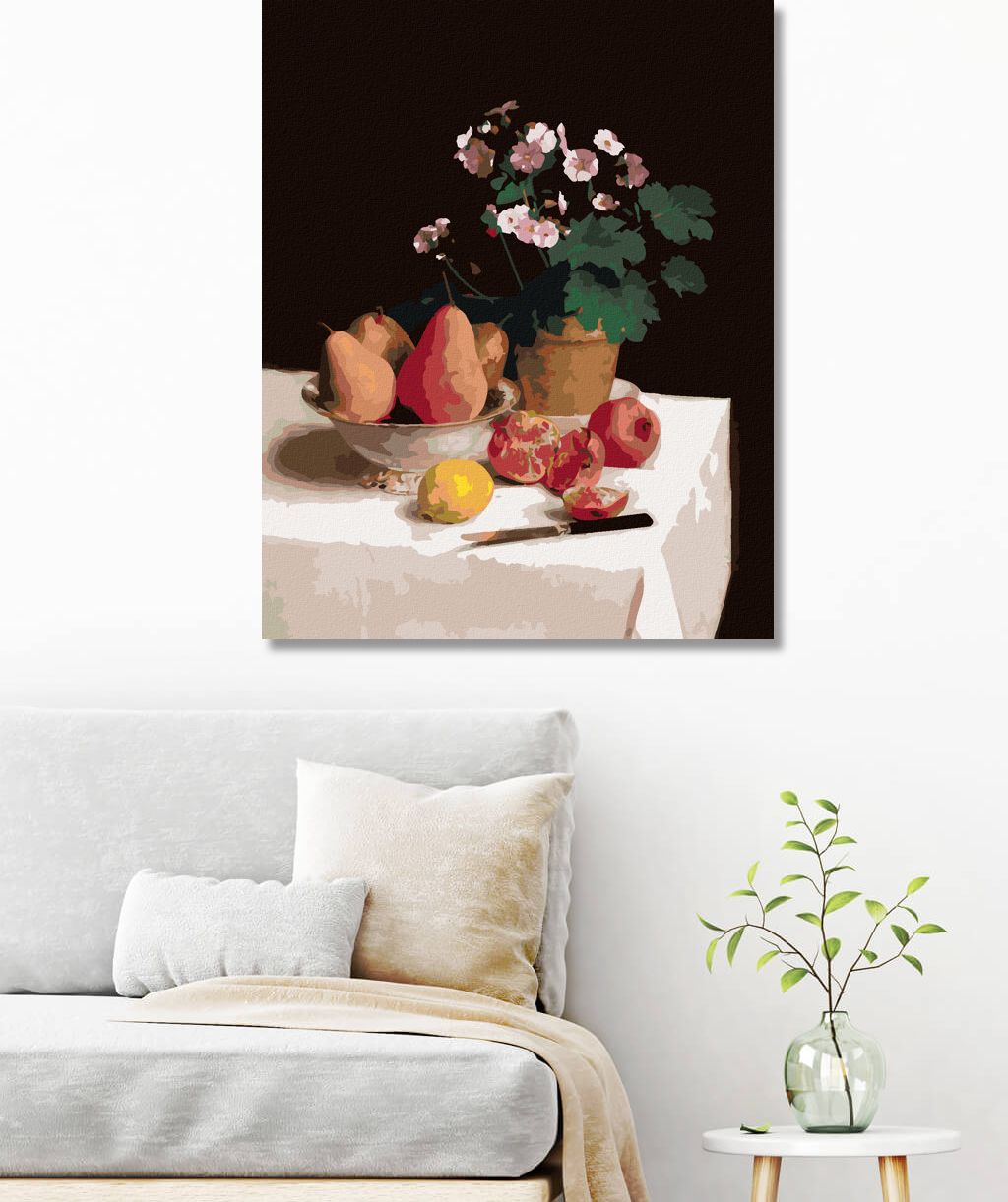 zuty Malování podle čísel - ZÁTIŠÍ, PRIMULE, HRUŠKY A GRANÁTOVÁ JABLKA (HENRI FANTIN-LATOUR) - Rozměr: 40x50 cm, Rámování: Varianta: bez rámu a bez vypnutí plátna - obrázek 2