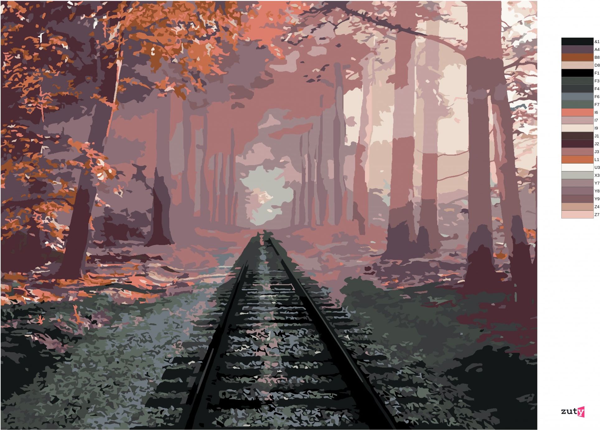 zuty Malování podle čísel - KOLEJE V LESE - Rozměr: 40x50 cm, Rámování: Varianta: bez rámu a bez vypnutí plátna - obrázek 3