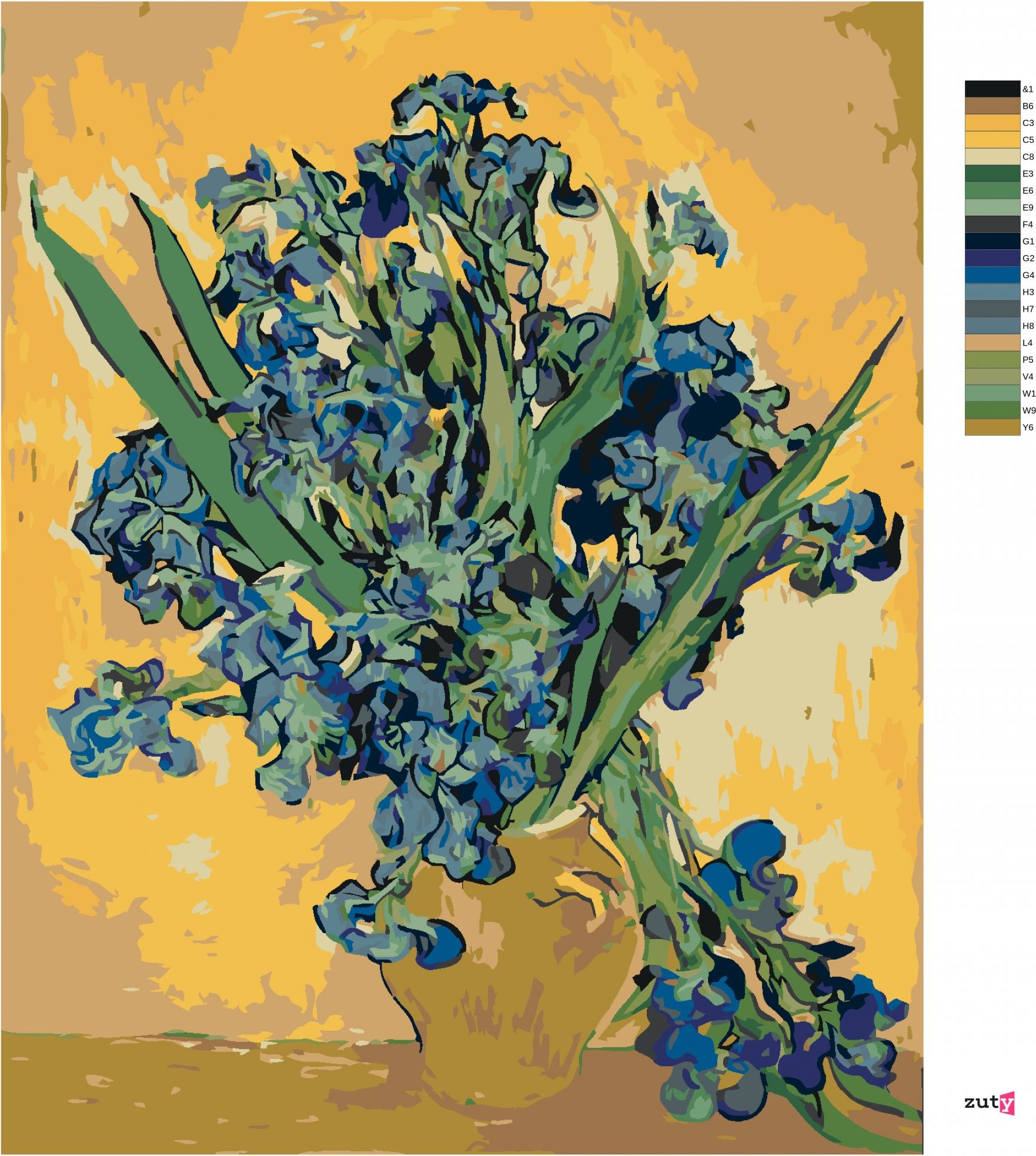 zuty Malování podle čísel - ZÁTIŠÍ VÁZA S KOSATCI NA ŽLUTÉM POZADÍ (VINCENT VAN GOGH) - Rozměr: 40x50 cm, Rámování: Varianta: vypnuté plátno na rám - obrázek 7