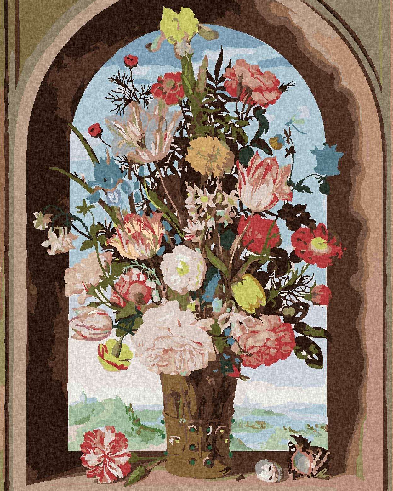 zuty Malování podle čísel - VÁZA S KVĚTINAMI V OKENNÍM VÝKLENKU (AMBROSIUS BOSSCHAERT) - Rozměr: 40x50 cm, Rámování: Varianta: bez rámu a bez vypnutí plátna - obrázek 1