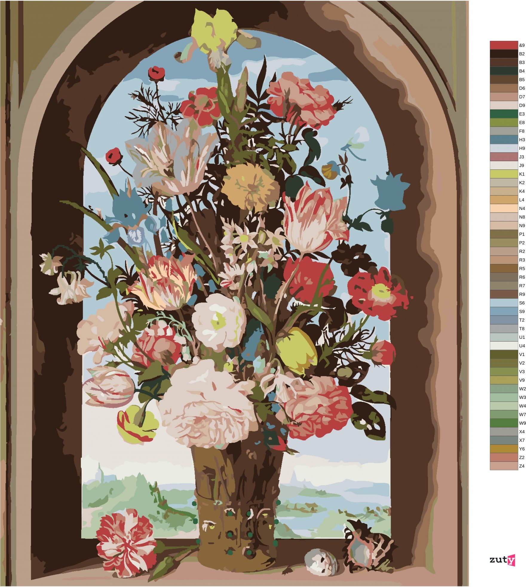 zuty Malování podle čísel - VÁZA S KVĚTINAMI V OKENNÍM VÝKLENKU (AMBROSIUS BOSSCHAERT) - Rozměr: 40x50 cm, Rámování: Varianta: bez rámu a bez vypnutí plátna - obrázek 7