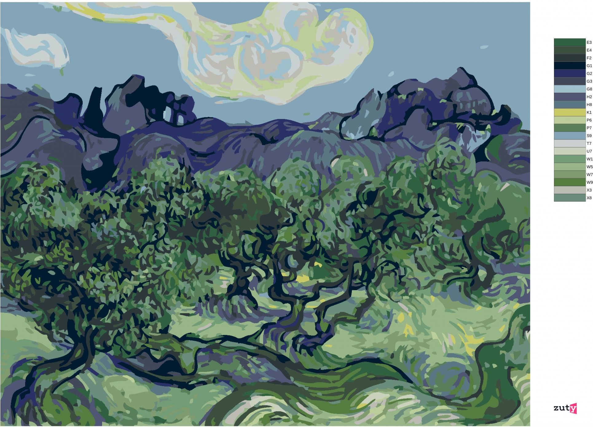 zuty Malování podle čísel - OLIVOVNÍKY S ALPILLES V POZADÍ (VINCENT VAN GOGH) - Rozměr: 40x50 cm, Rámování: Varianta: bez rámu a bez vypnutí plátna - obrázek 6
