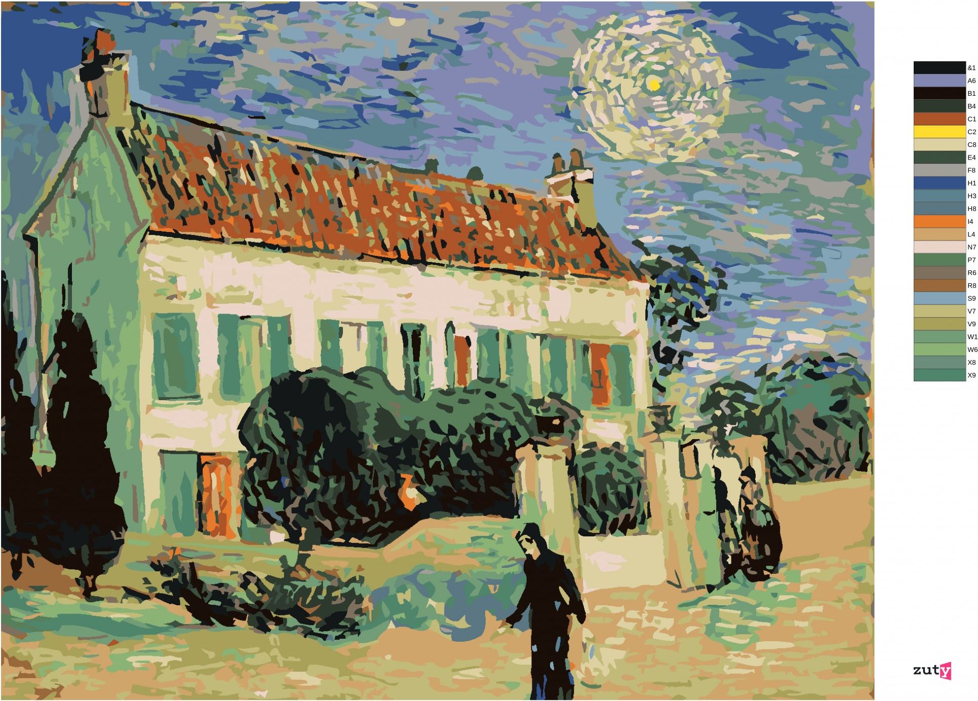 zuty Malování podle čísel - BÍLÝ DŮM V NOCI (VINCENT VAN GOGH) - Rozměr: 40x50 cm, Rámování: Varianta: vypnuté plátno na rám - obrázek 5