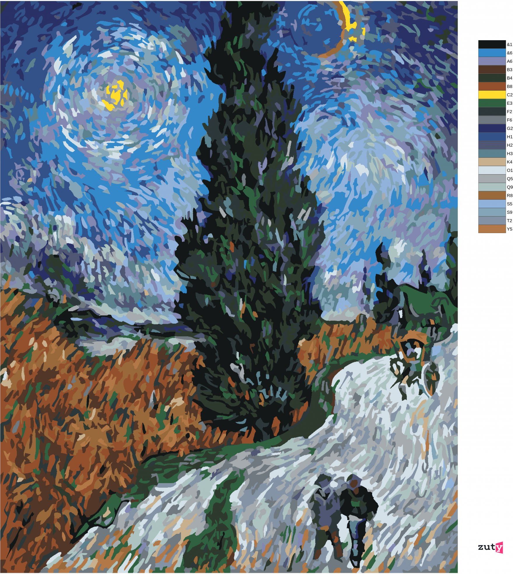 zuty Malování podle čísel - CESTA S CYPŘIŠEM A HVĚZDOU (VINCENT VAN GOGH) - Rozměr: 40x50 cm, Rámování: Varianta: vypnuté plátno na rám - obrázek 5