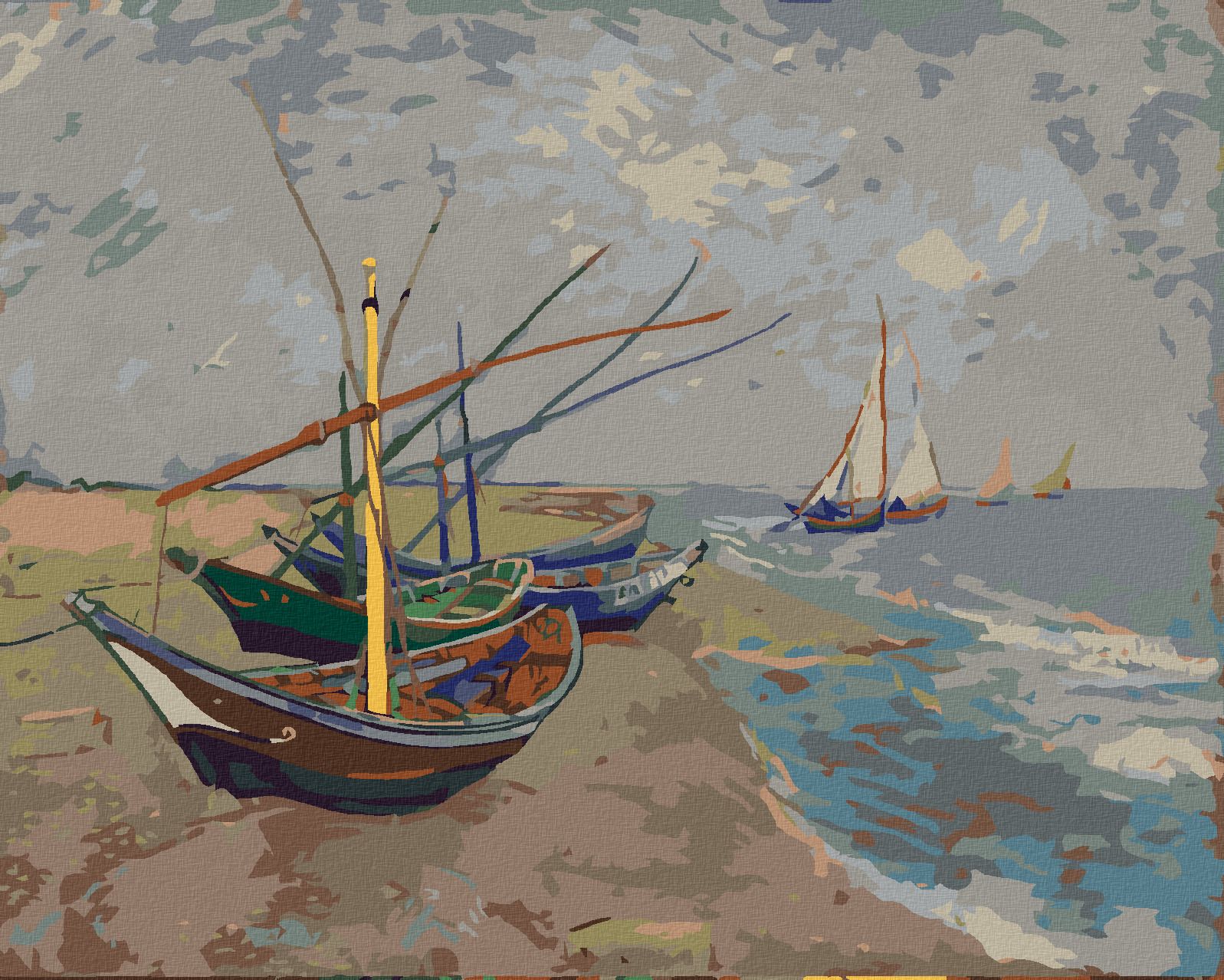 zuty Malování podle čísel - RYBÁŘSKÉ LODĚ NA PLÁŽI V SAINTES-MARIES (VINCENT VAN GOGH) - Rozměr: 40x50 cm, Rámování: Varianta: bez rámu a bez vypnutí plátna - obrázek 1