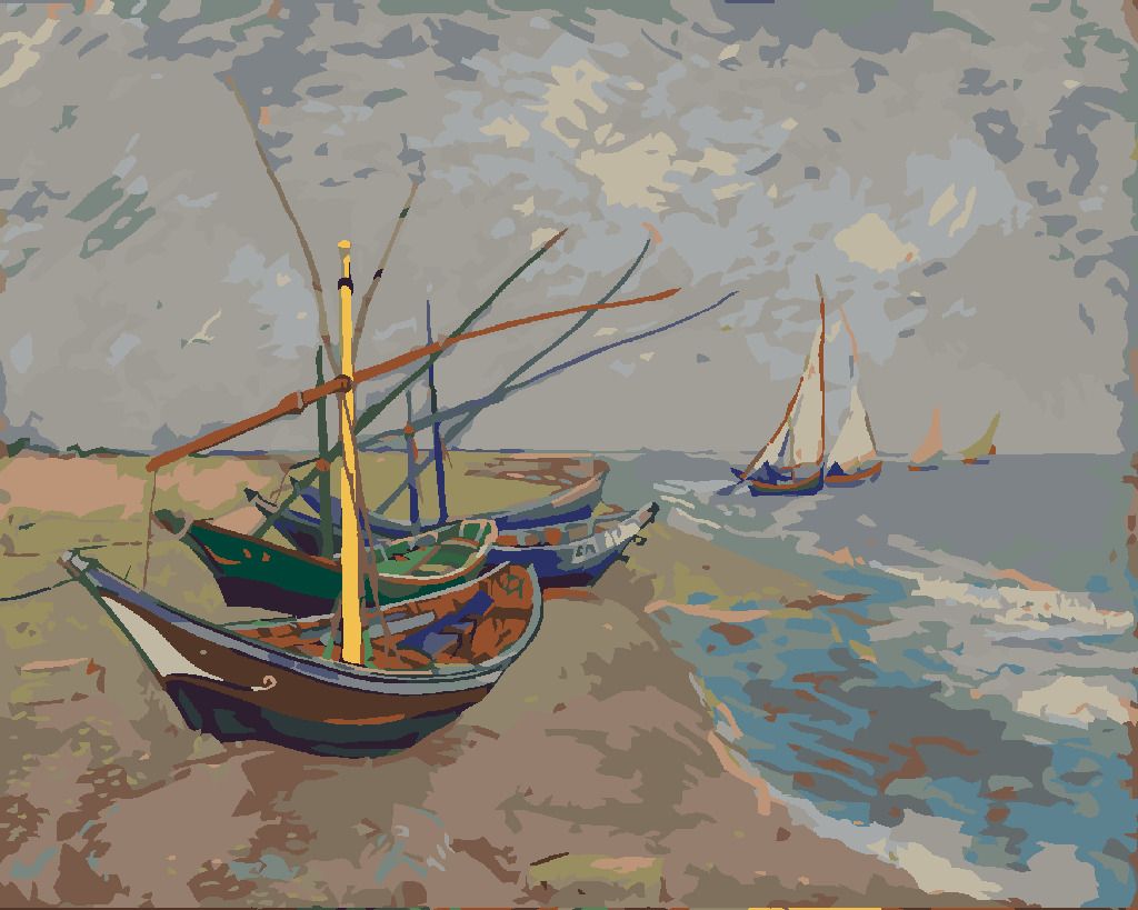 zuty Malování podle čísel - RYBÁŘSKÉ LODĚ NA PLÁŽI V SAINTES-MARIES (VINCENT VAN GOGH) - Rozměr: 40x50 cm, Rámování: Varianta: bez rámu a bez vypnutí plátna - obrázek 2