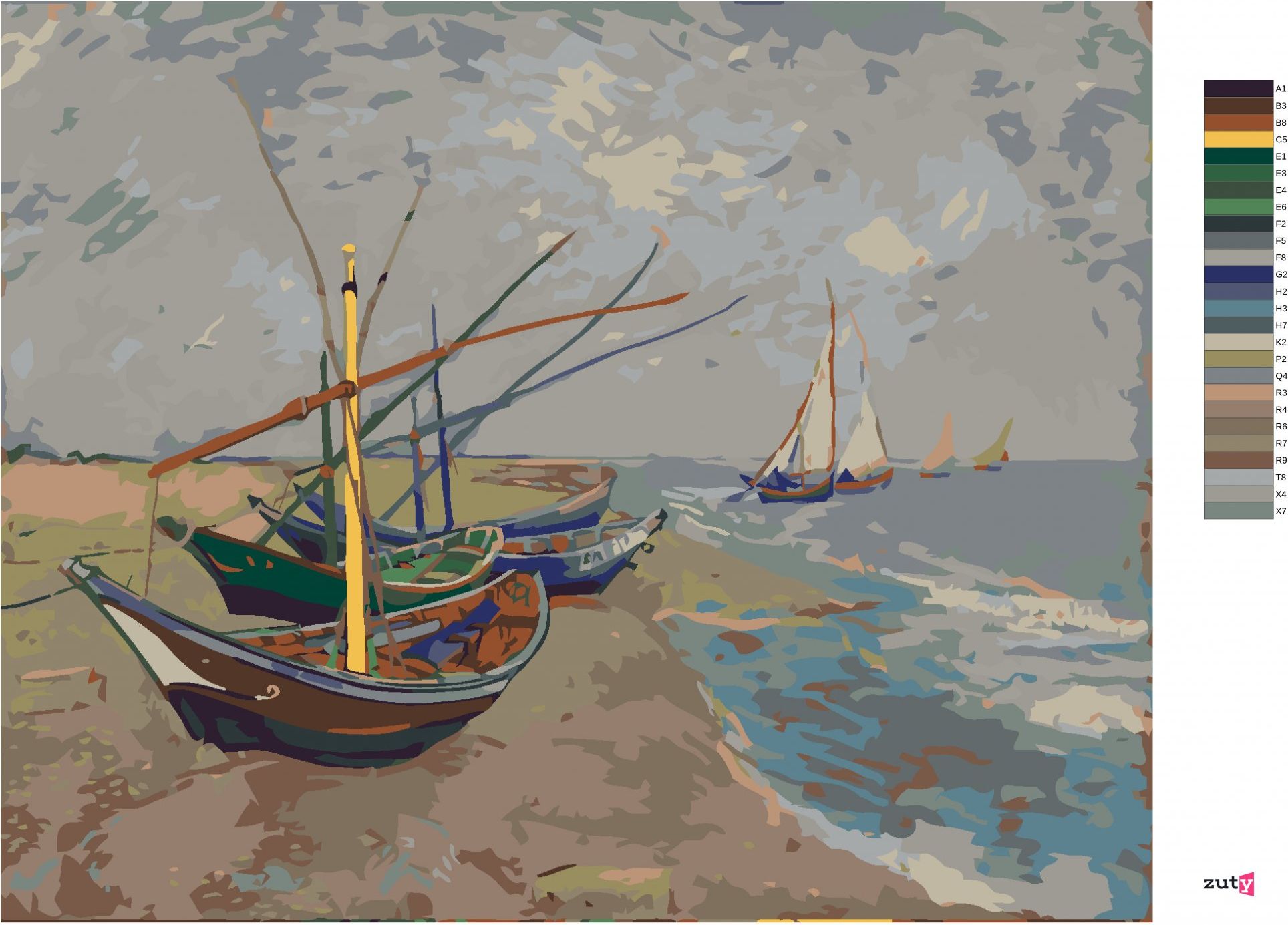 zuty Malování podle čísel - RYBÁŘSKÉ LODĚ NA PLÁŽI V SAINTES-MARIES (VINCENT VAN GOGH) - Rozměr: 40x50 cm, Rámování: Varianta: vypnuté plátno na rám - obrázek 10