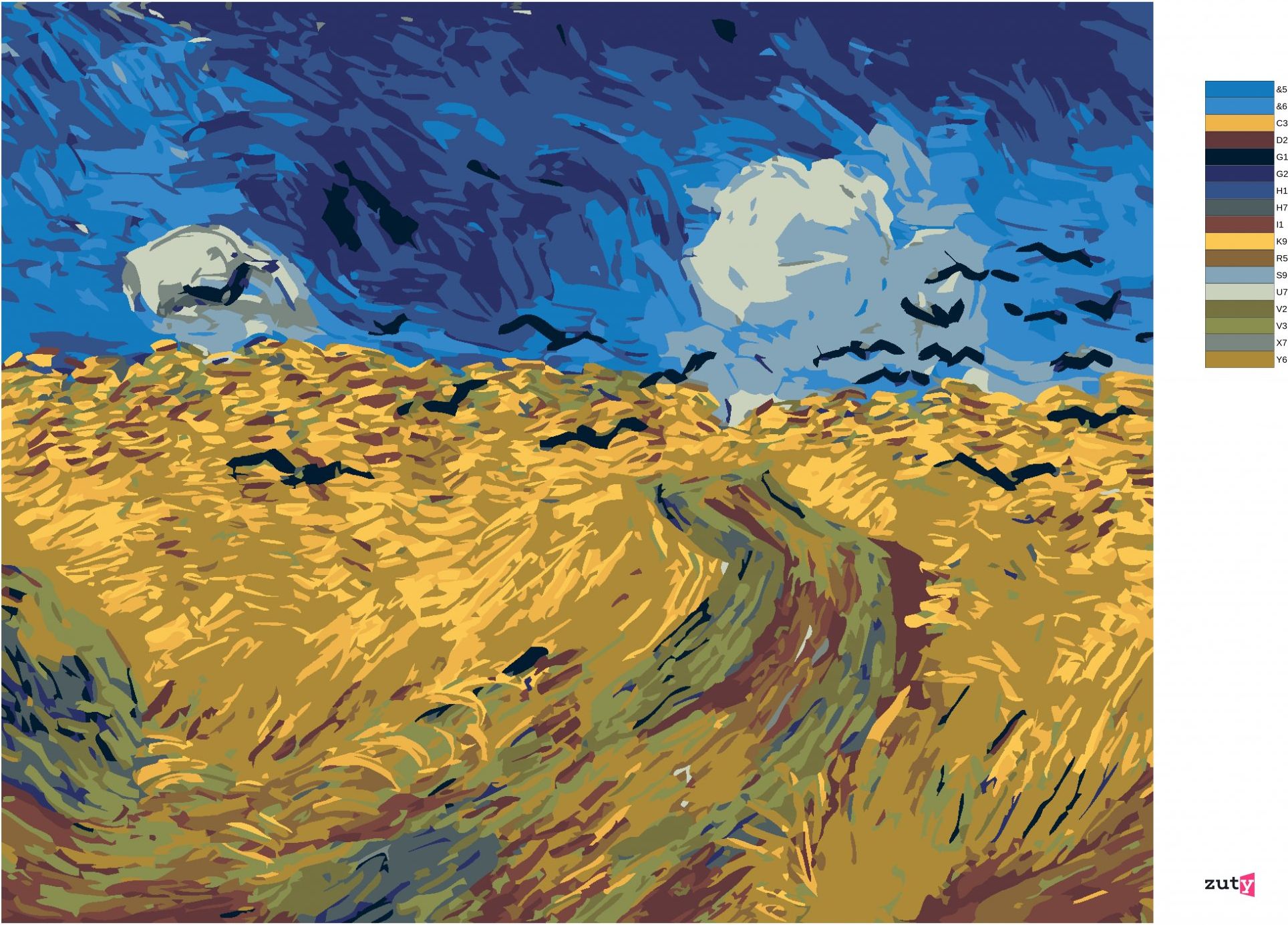 zuty Malování podle čísel - POLE S HAVRANY (VINCENT VAN GOGH) - Rozměr: 40x50 cm, Rámování: Varianta: vypnuté plátno na rám - obrázek 3