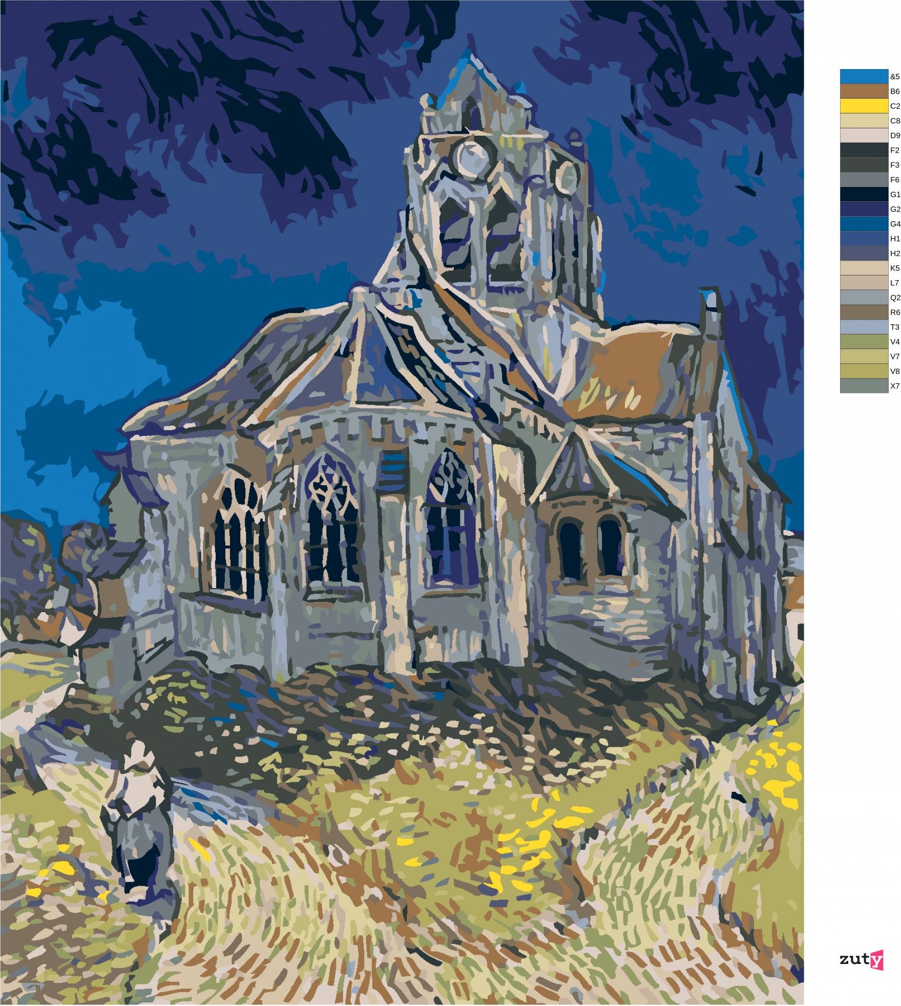 zuty Malování podle čísel - KOSTEL V AUVERS (VINCENT VAN GOGH) - Rozměr: 40x50 cm, Rámování: Varianta: bez rámu a bez vypnutí plátna - obrázek 8