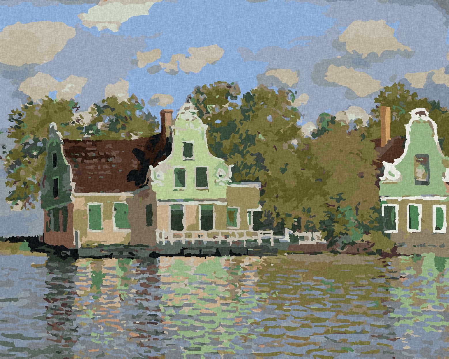 zuty Malování podle čísel - DŮM NA ŘECE ZAAN V ZAANDAMU (CLAUDE MONET) - Rozměr: 40x50 cm, Rámování: Varianta: vypnuté plátno na rám - obrázek 1