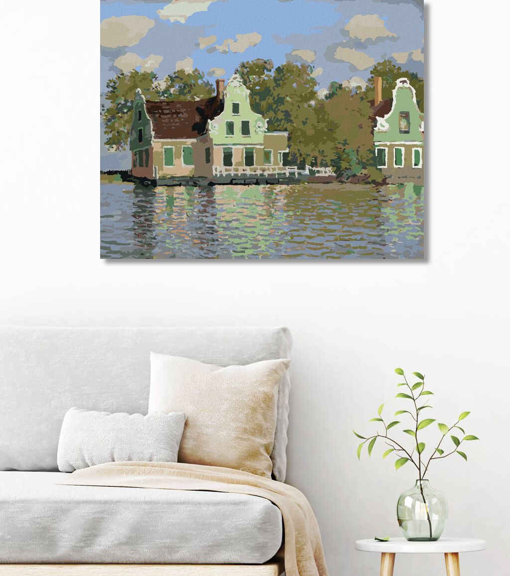 zuty Malování podle čísel - DŮM NA ŘECE ZAAN V ZAANDAMU (CLAUDE MONET) - Rozměr: 40x50 cm, Rámování: Varianta: vypnuté plátno na rám - obrázek 2