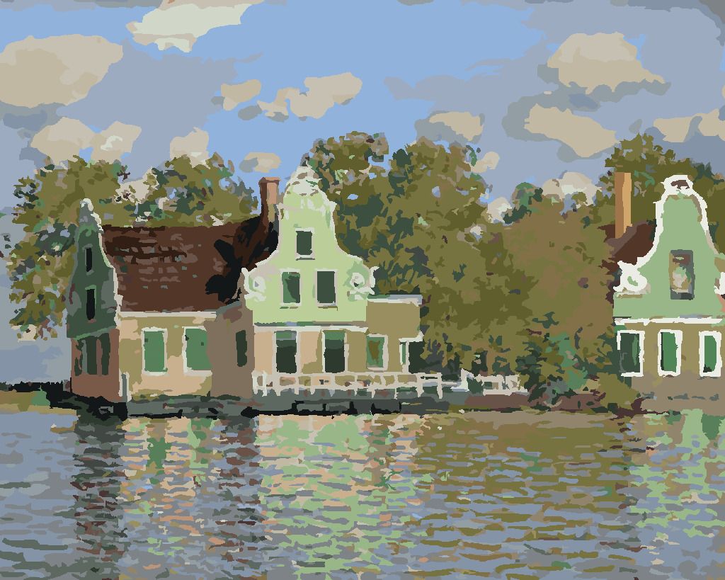 zuty Malování podle čísel - DŮM NA ŘECE ZAAN V ZAANDAMU (CLAUDE MONET) - Rozměr: 40x50 cm, Rámování: Varianta: vypnuté plátno na rám - obrázek 3