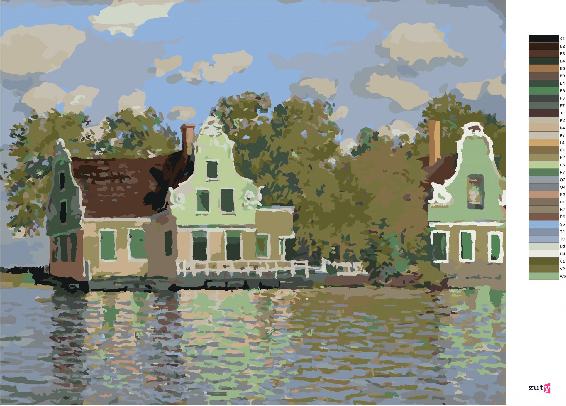 zuty Malování podle čísel - DŮM NA ŘECE ZAAN V ZAANDAMU (CLAUDE MONET) - Rozměr: 40x50 cm, Rámování: Varianta: vypnuté plátno na rám - obrázek 5