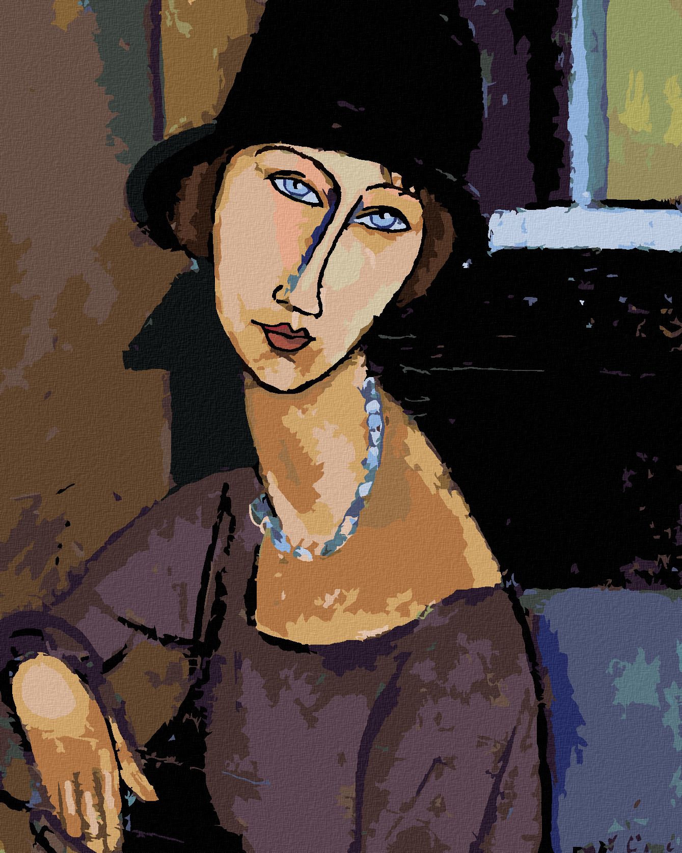 zuty Malování podle čísel - JEANNE HÉBUTERNE S KLOBOUKEM A NÁHRDELNÍKEM (AMEDEO MODIGLIANI) - Rozměr: 40x50 cm, Rámování: Varianta: vypnuté plátno na rám - obrázek 1