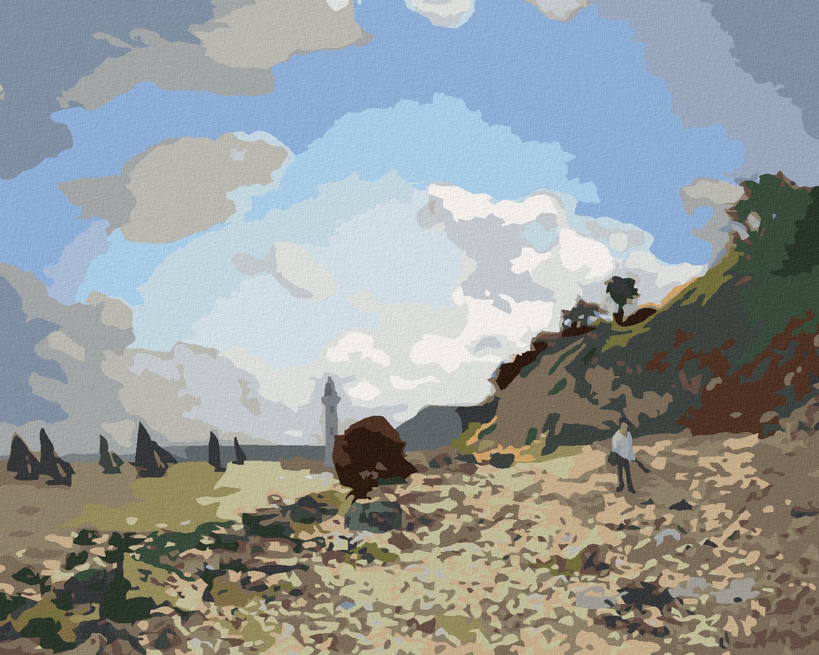 zuty Malování podle čísel - PLÁŽ V HONFLEURU (CLAUDE MONET) - Rozměr: 40x50 cm, Rámování: Varianta: bez rámu a bez vypnutí plátna - obrázek 1