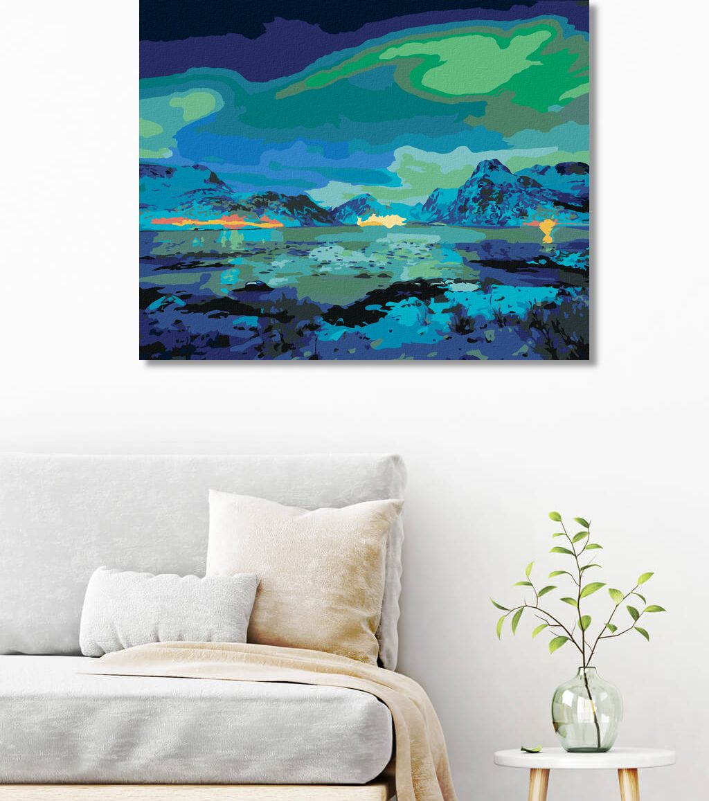 zuty Malování podle čísel - POLÁRNÍ ZÁŘE NAD HORAMI - Rozměr: 40x50 cm, Rámování: Varianta: vypnuté plátno na rám - obrázek 2