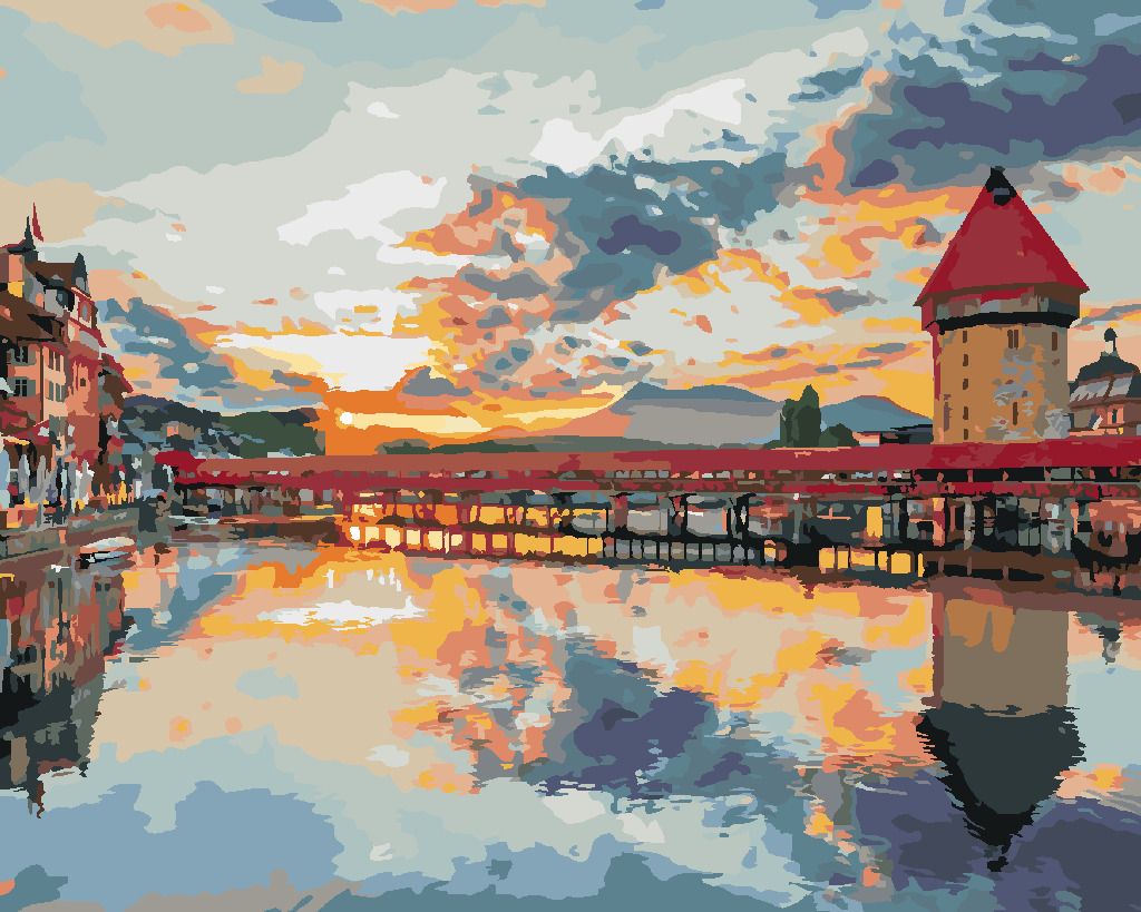 zuty Malování podle čísel - ZÁPAD SLUNCE V HISTORICKÉM CENTRU LUCERNU - Rozměr: 40x50 cm, Rámování: Varianta: vypnuté plátno na rám - obrázek 4
