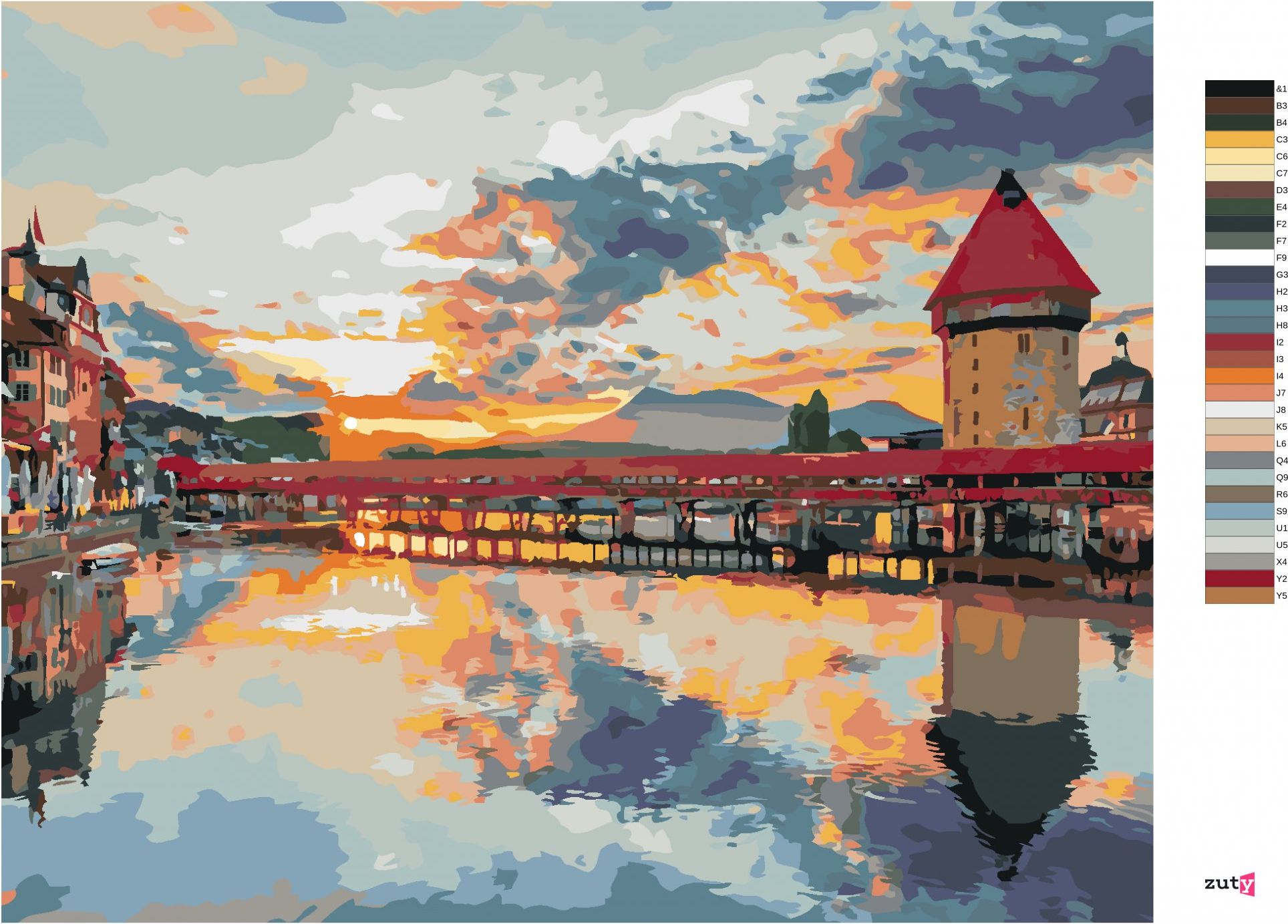zuty Malování podle čísel - ZÁPAD SLUNCE V HISTORICKÉM CENTRU LUCERNU - Rozměr: 40x50 cm, Rámování: Varianta: vypnuté plátno na rám - obrázek 7