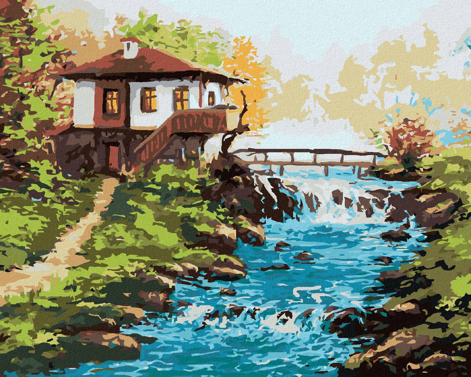 zuty Malování podle čísel - BULHARSKÝ DŮM U ŘEKY V HORÁCH - Rozměr: 40x50 cm, Rámování: Varianta: vypnuté plátno na rám - obrázek 1