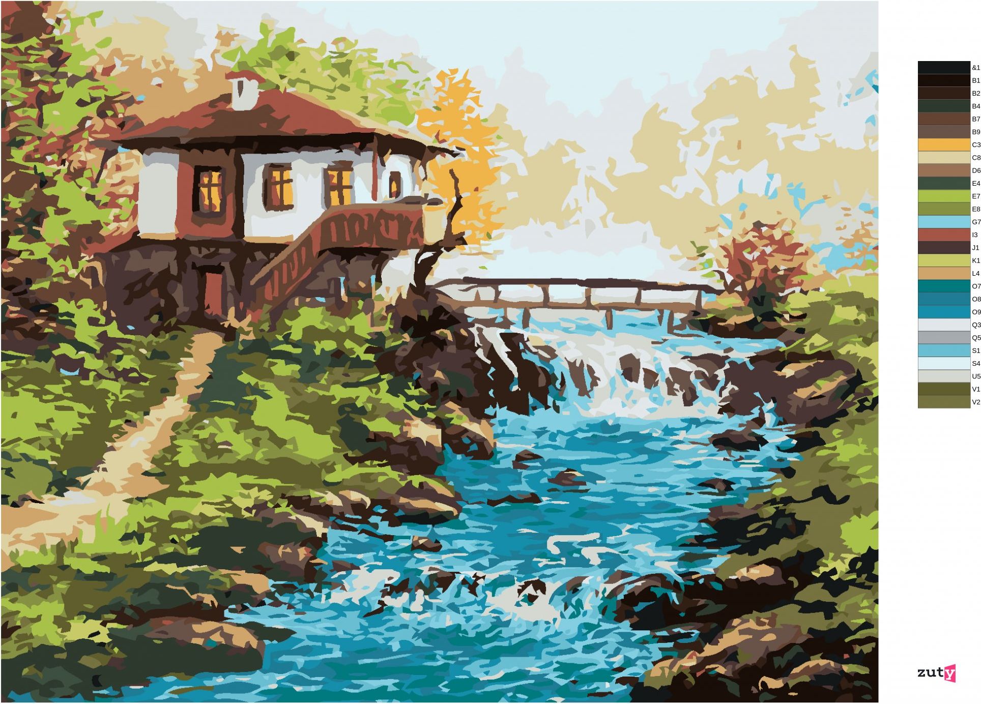 zuty Malování podle čísel - BULHARSKÝ DŮM U ŘEKY V HORÁCH - Rozměr: 40x50 cm, Rámování: Varianta: vypnuté plátno na rám - obrázek 6