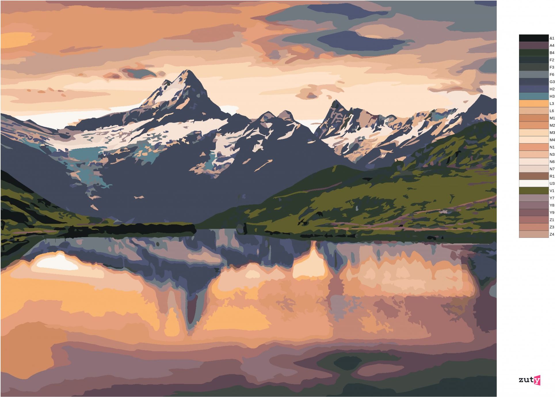 zuty Malování podle čísel - VÝCHOD SLUNCE NA JEZEŘE BACHALPSEE - Rozměr: 40x50 cm, Rámování: Varianta: vypnuté plátno na rám - obrázek 2