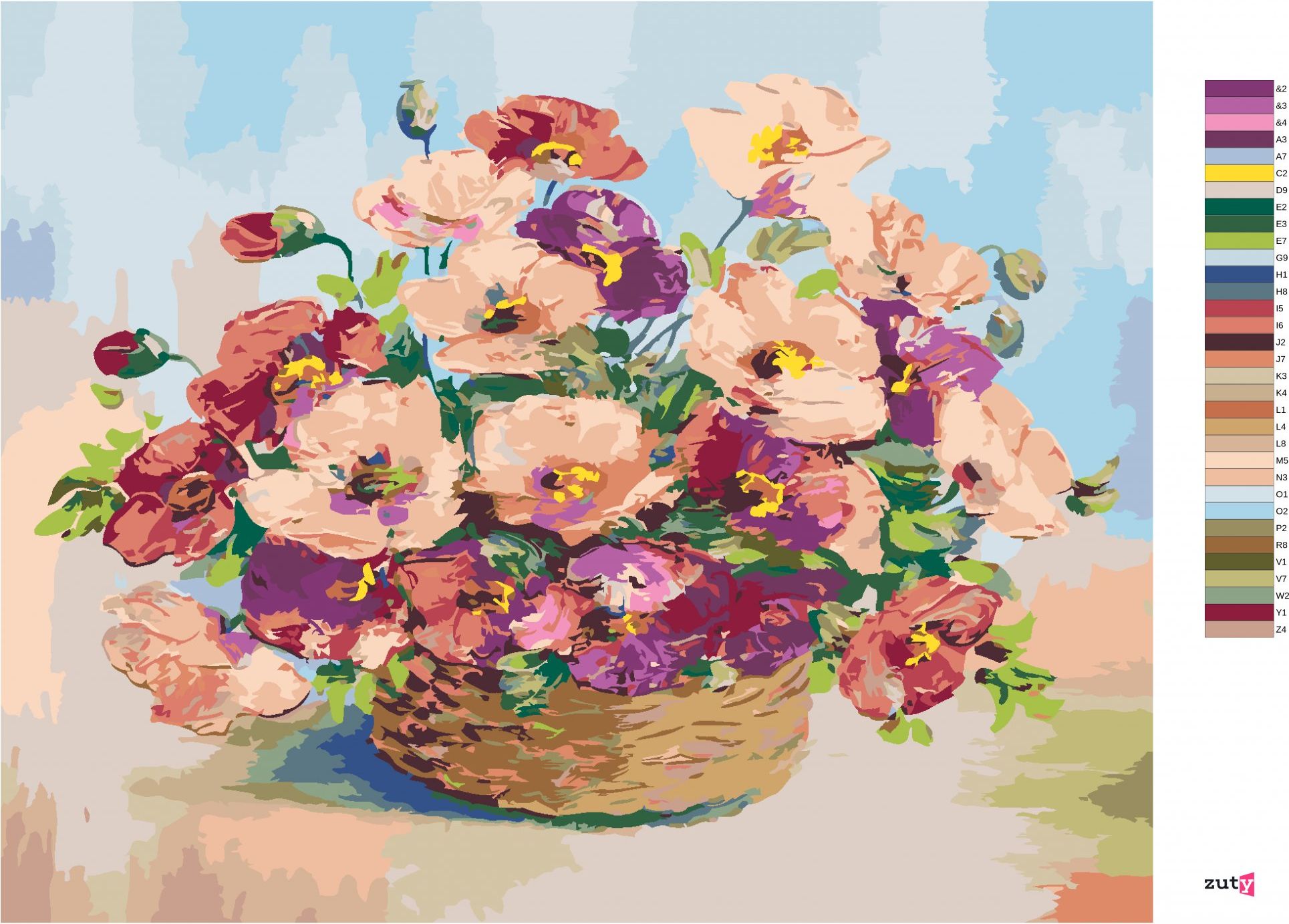 zuty Malování podle čísel - PROUTĚNÝ KOŠÍK VLČÍHO MÁKU - Rozměr: 40x50 cm, Rámování: Varianta: bez rámu a bez vypnutí plátna - obrázek 4