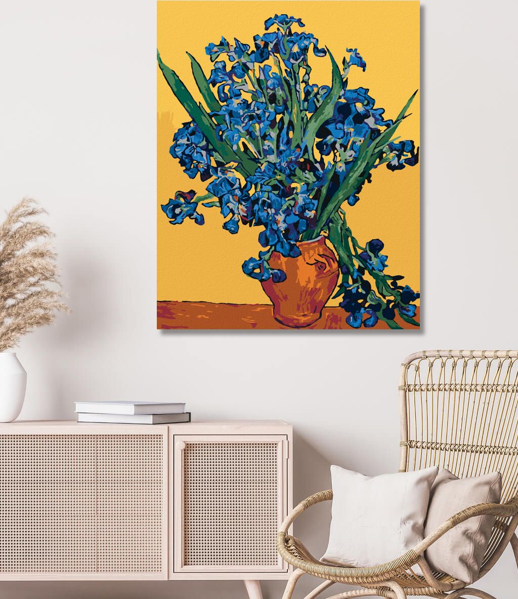 zuty Malování podle čísel - KOSATCE NA ŽLUTÉM PODKLADU DLE VAN GOGHA - Rozměr: 40x50 cm, Rámování: Varianta: bez rámu a bez vypnutí plátna - obrázek 4