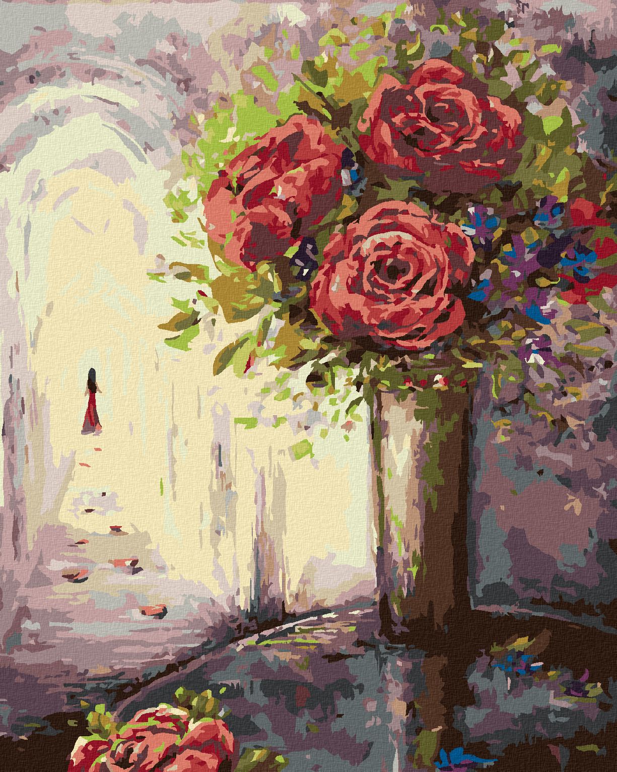 zuty Malování podle čísel - RŮŽE VE VÁZE A ŽENA V DÁLI - Rozměr: 40x50 cm, Rámování: Varianta: vypnuté plátno na rám - obrázek 1