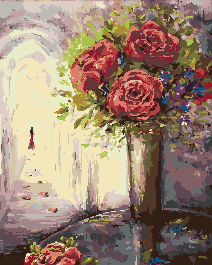 zuty Malování podle čísel - RŮŽE VE VÁZE A ŽENA V DÁLI - Rozměr: 40x50 cm, Rámování: Varianta: vypnuté plátno na rám - obrázek 5