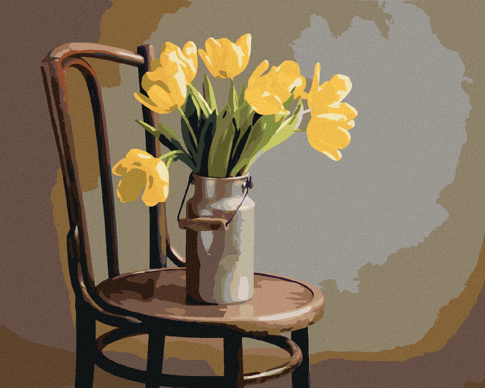 zuty Malování podle čísel - ŽLUTÉ TULIPÁNY V KONVICI NA MLÉKO NA ŽIDLI - Rozměr: 40x50 cm, Rámování: Varianta: vypnuté plátno na rám - obrázek 1