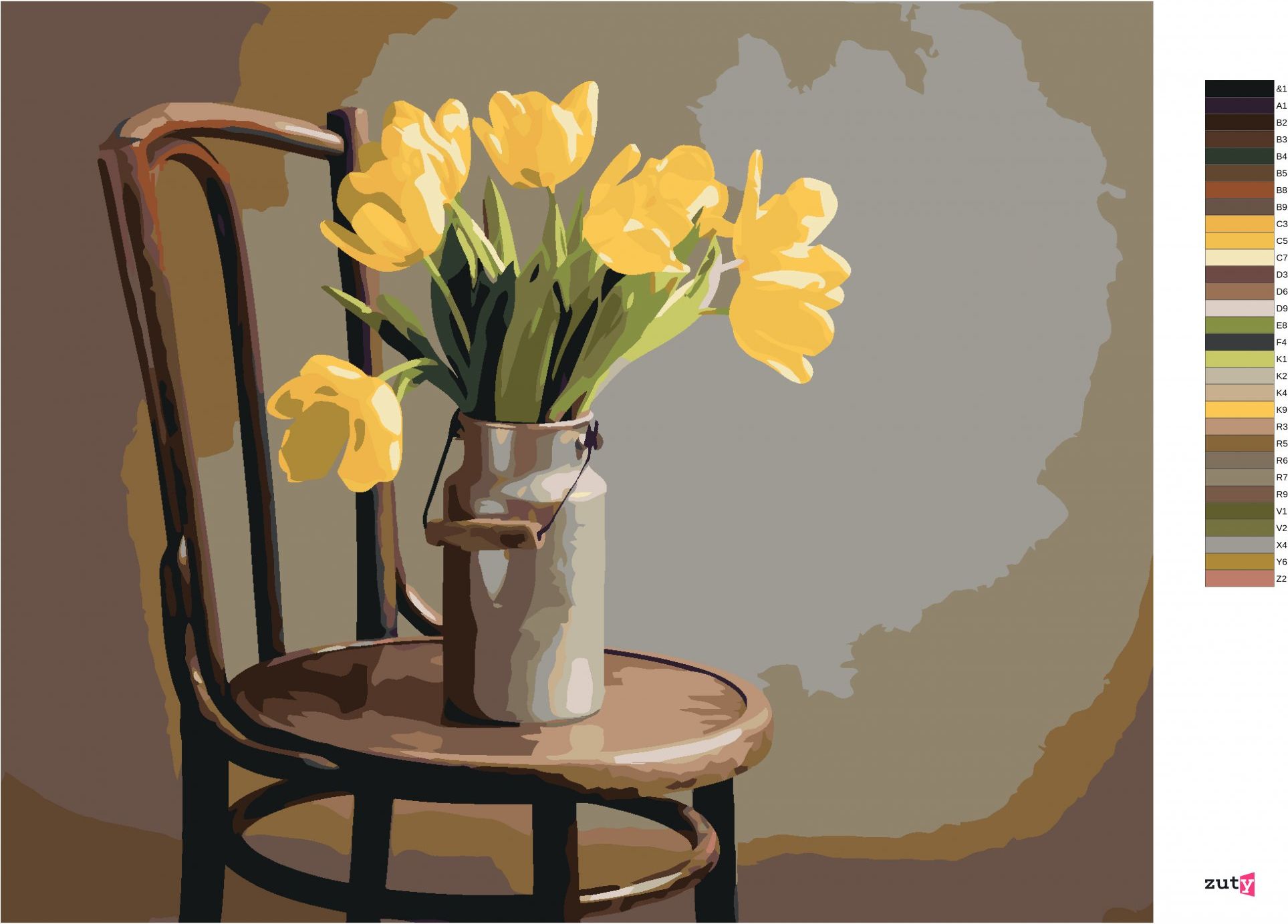 zuty Malování podle čísel - ŽLUTÉ TULIPÁNY V KONVICI NA MLÉKO NA ŽIDLI - Rozměr: 40x50 cm, Rámování: Varianta: vypnuté plátno na rám - obrázek 2