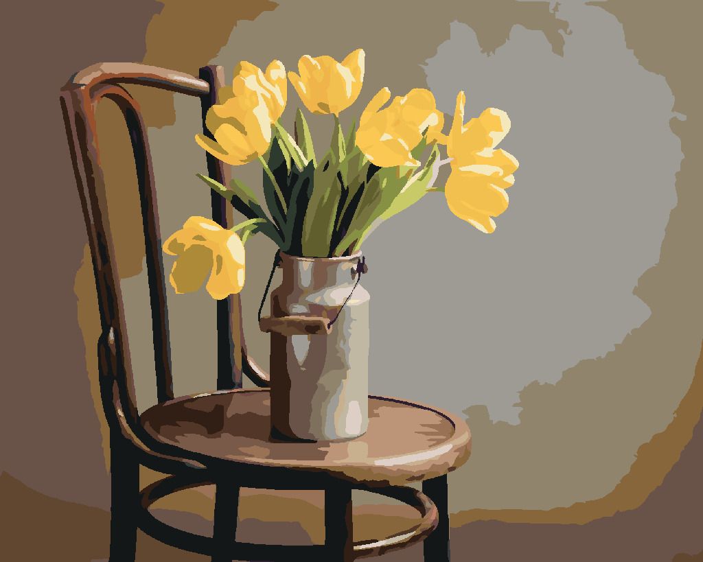 zuty Malování podle čísel - ŽLUTÉ TULIPÁNY V KONVICI NA MLÉKO NA ŽIDLI - Rozměr: 40x50 cm, Rámování: Varianta: vypnuté plátno na rám - obrázek 4