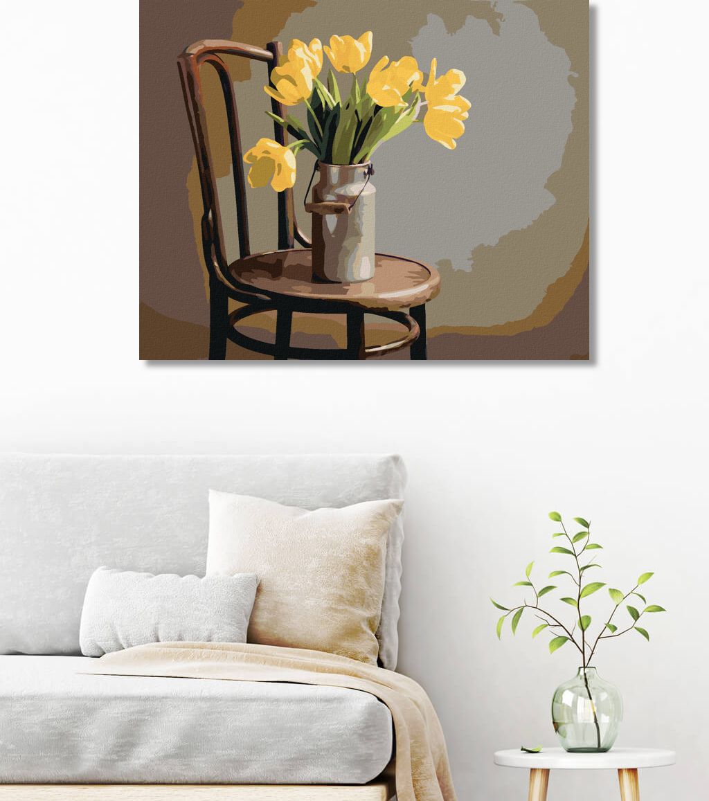 zuty Malování podle čísel - ŽLUTÉ TULIPÁNY V KONVICI NA MLÉKO NA ŽIDLI - Rozměr: 40x50 cm, Rámování: Varianta: vypnuté plátno na rám - obrázek 5