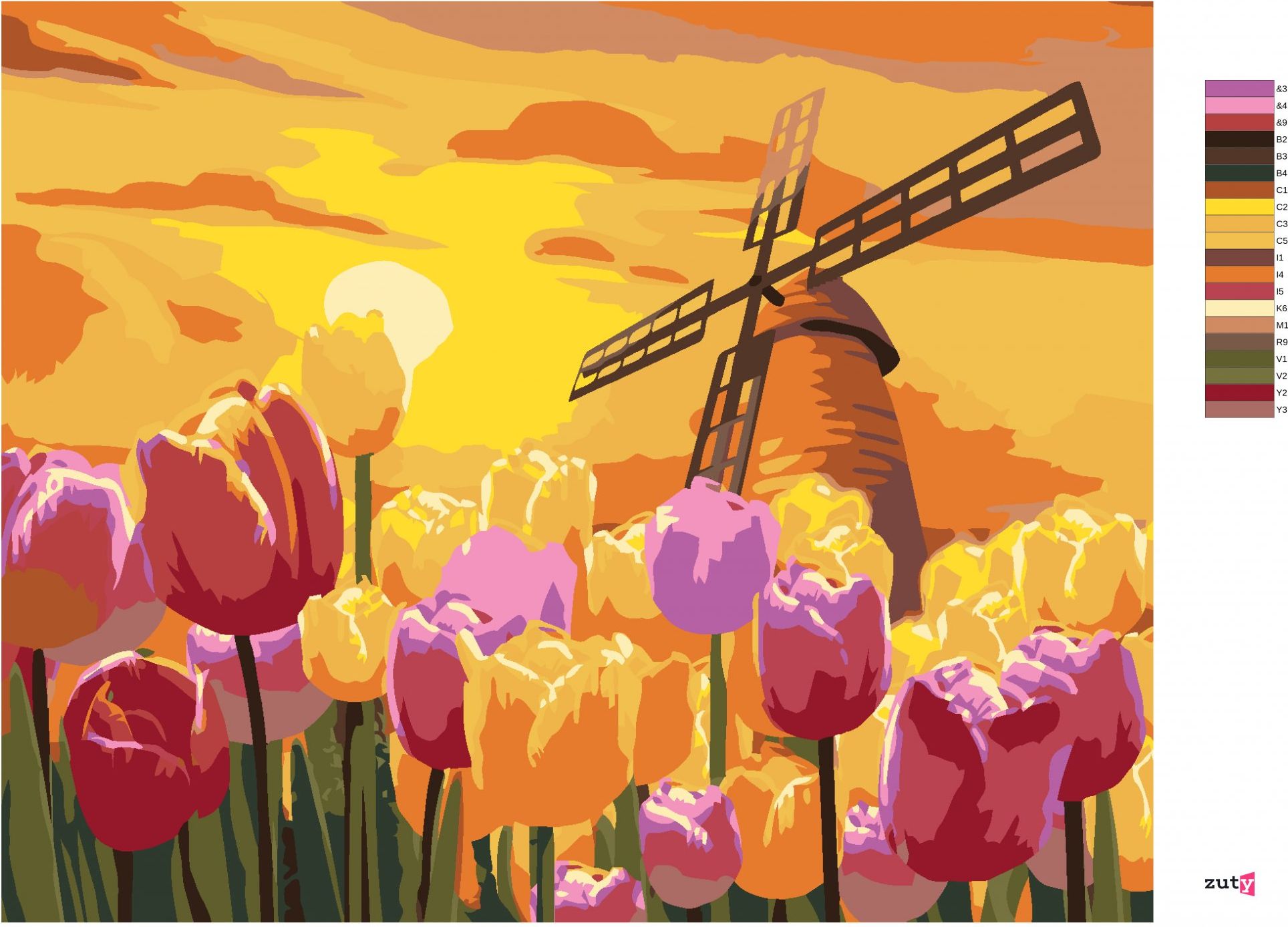 zuty Malování podle čísel - KRÁSNÉ TULIPÁNY S VĚTRNÝM MLÝNEM - Rozměr: 40x50 cm, Rámování: Varianta: vypnuté plátno na rám - obrázek 3