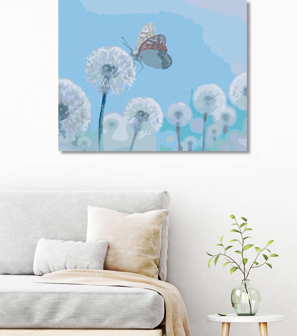 zuty Malování podle čísel - BÍLÉ PAMPELIŠKY S MOTÝLEM - Rozměr: 40x50 cm, Rámování: Varianta: vypnuté plátno na rám - obrázek 2