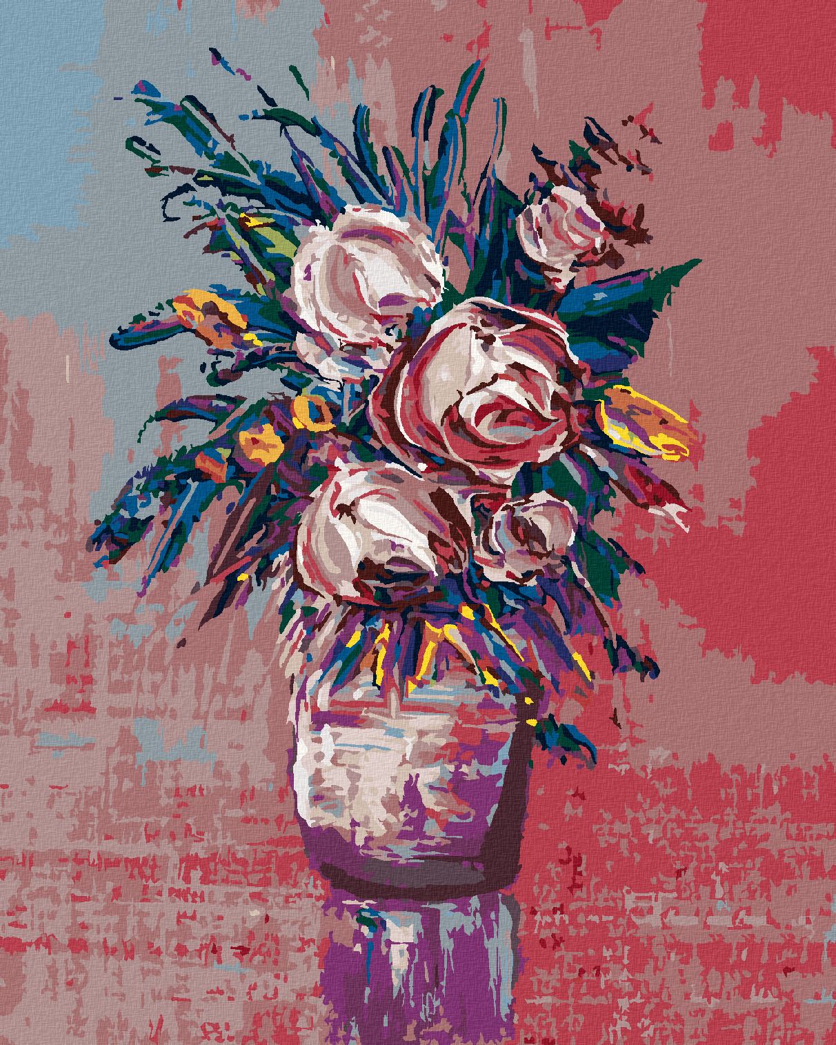 zuty Malování podle čísel - KYTICE RŮŽÍ NA ČERVENÉM POZADÍ - Rozměr: 40x50 cm, Rámování: Varianta: vypnuté plátno na rám - obrázek 1