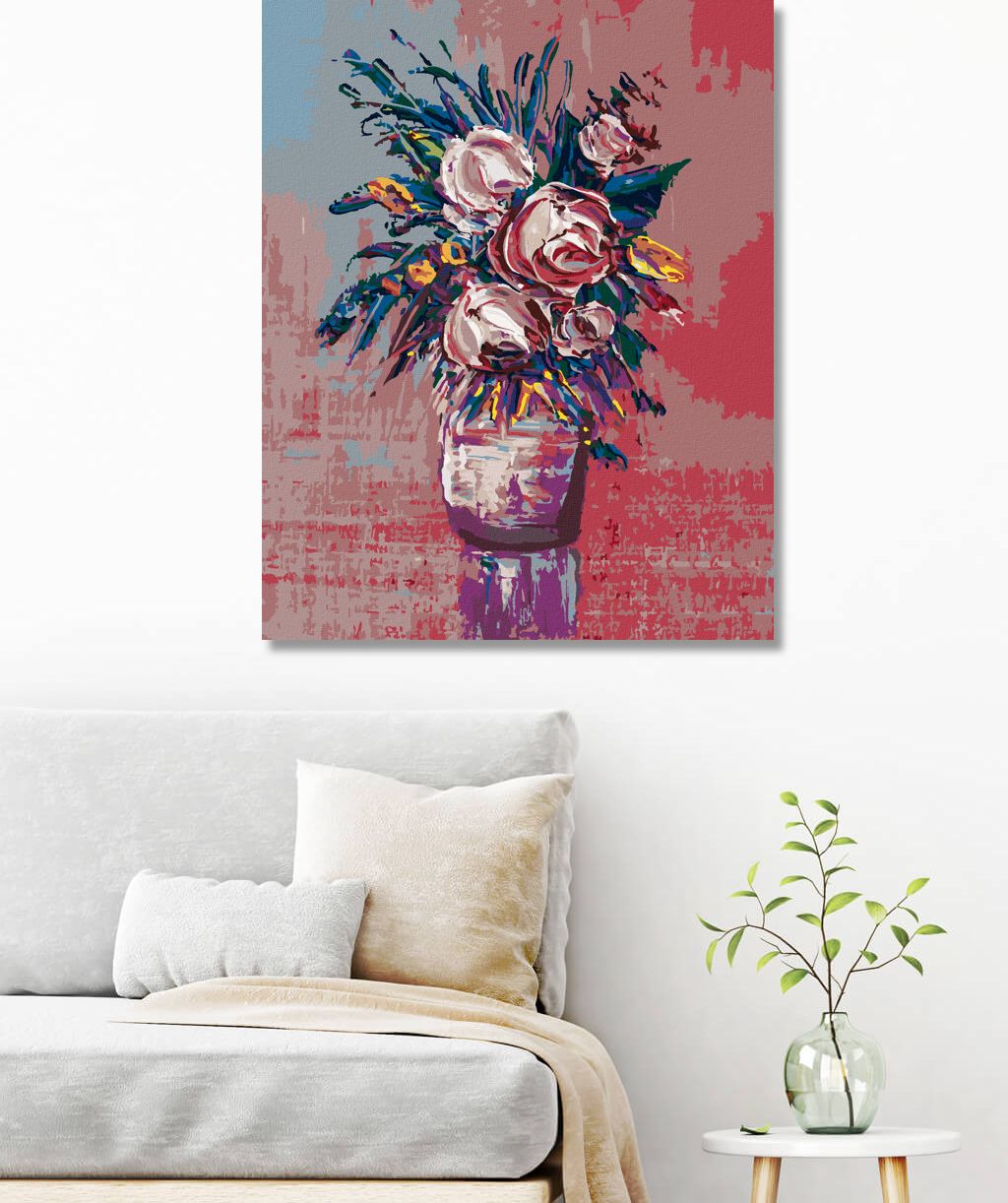 zuty Malování podle čísel - KYTICE RŮŽÍ NA ČERVENÉM POZADÍ - Rozměr: 40x50 cm, Rámování: Varianta: vypnuté plátno na rám - obrázek 4