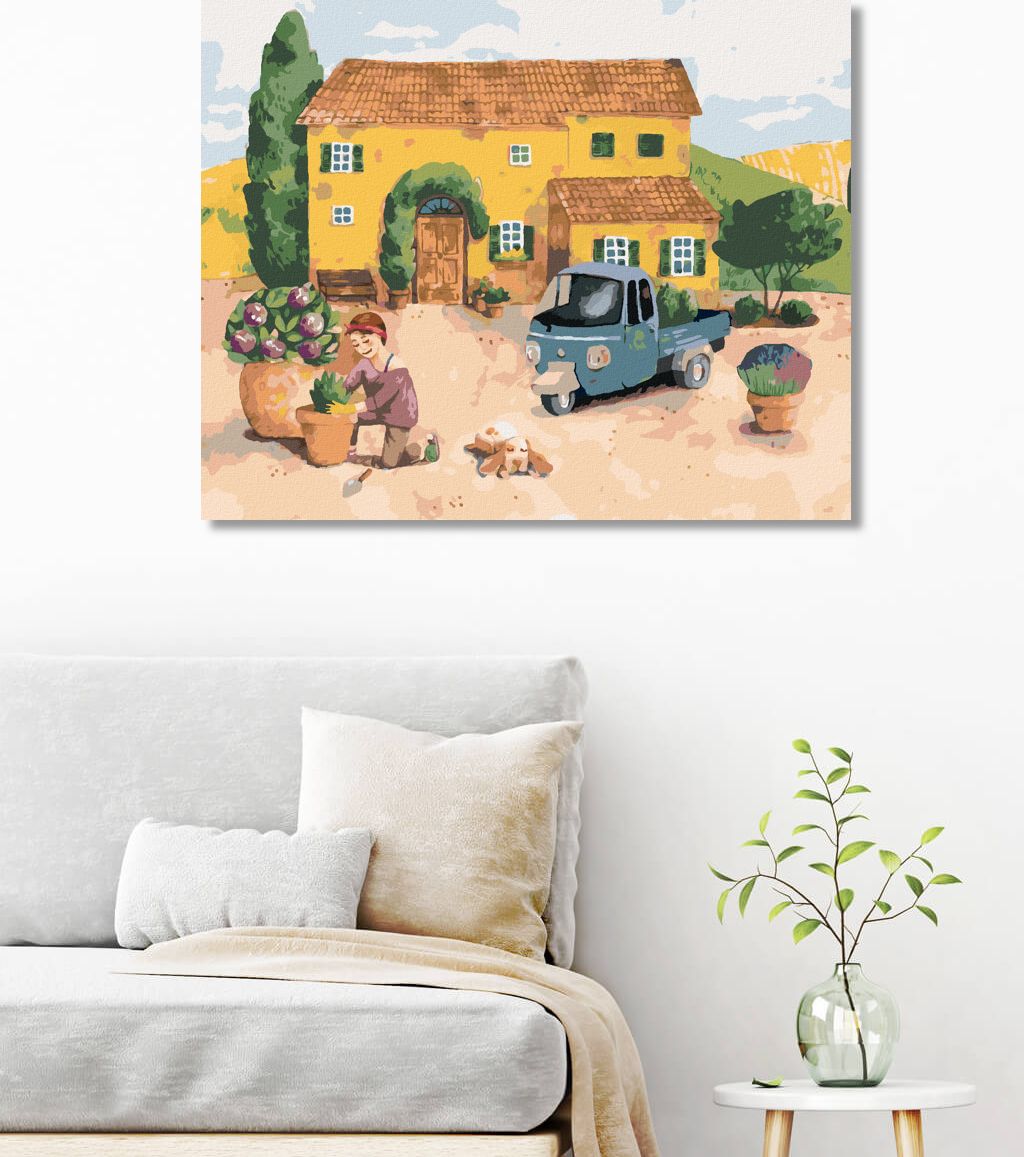 zuty Malování podle čísel - ŽENA SADÍCÍ KVĚTINY U DOMU V PROVANCE - Rozměr: 40x50 cm, Rámování: Varianta: bez rámu a bez vypnutí plátna - obrázek 4