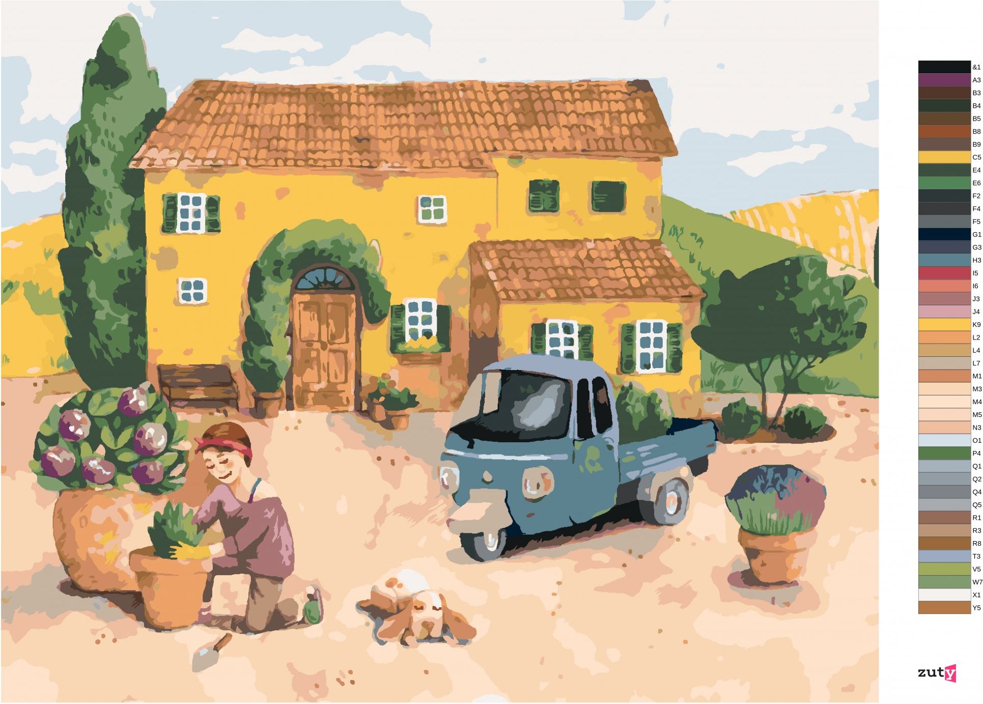 zuty Malování podle čísel - ŽENA SADÍCÍ KVĚTINY U DOMU V PROVANCE - Rozměr: 40x50 cm, Rámování: Varianta: vypnuté plátno na rám - obrázek 2