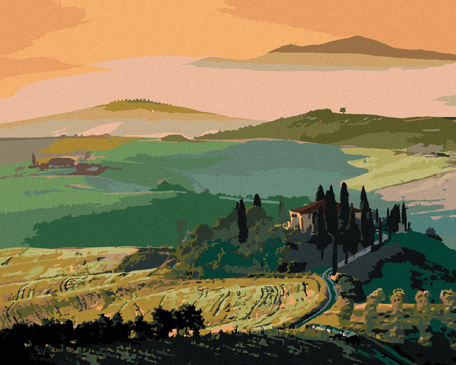 zuty Malování podle čísel - TOSKÁNSKÁ KRAJINA A VÝCHOD SLUNCE - Rozměr: 40x50 cm, Rámování: Varianta: bez rámu a bez vypnutí plátna - obrázek 1