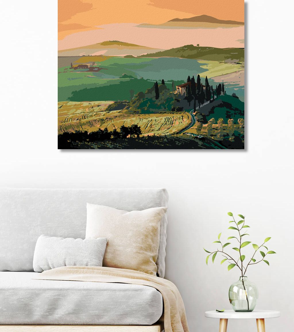 zuty Malování podle čísel - TOSKÁNSKÁ KRAJINA A VÝCHOD SLUNCE - Rozměr: 40x50 cm, Rámování: Varianta: bez rámu a bez vypnutí plátna - obrázek 2