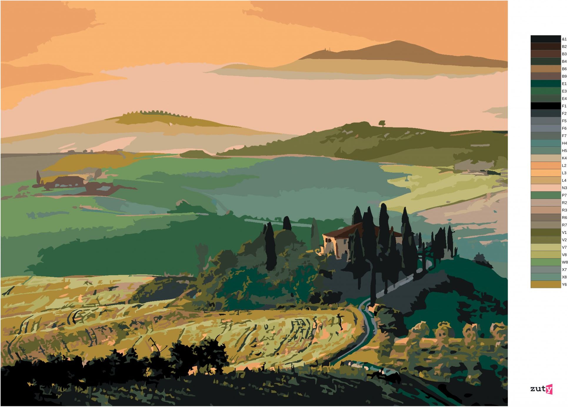 zuty Malování podle čísel - TOSKÁNSKÁ KRAJINA A VÝCHOD SLUNCE - Rozměr: 40x50 cm, Rámování: Varianta: bez rámu a bez vypnutí plátna - obrázek 9