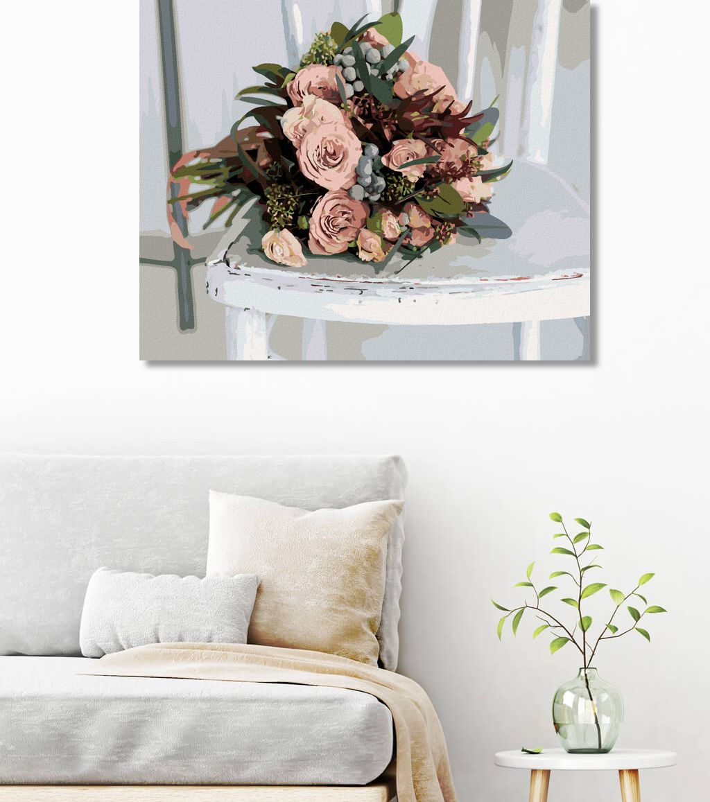 zuty Malování podle čísel - KYTICE RŮŽÍ NA BÍLÉ ŽIDLI - Rozměr: 40x50 cm, Rámování: Varianta: vypnuté plátno na rám - obrázek 3